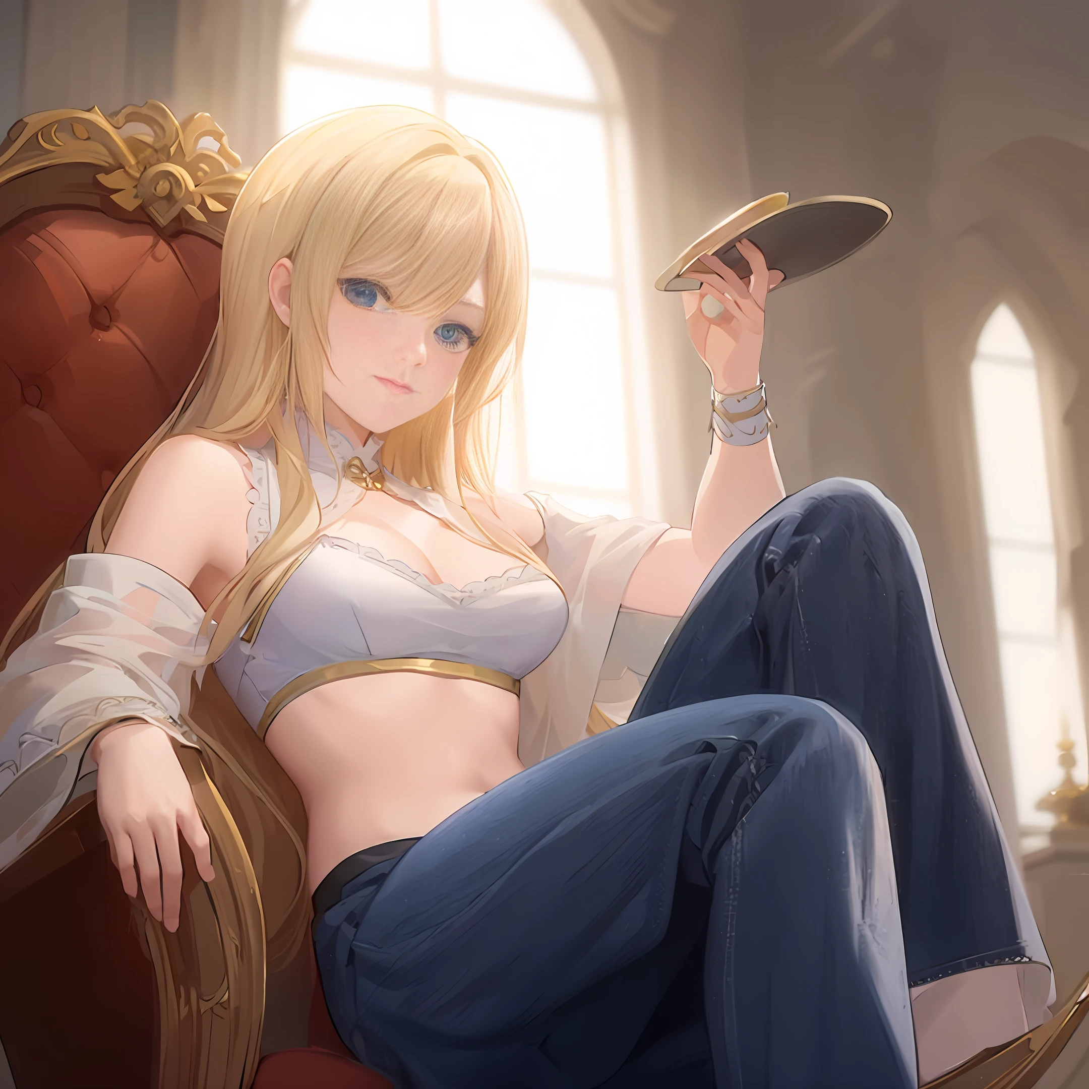 blond anime girl sitting in a her, artoria pendragon, blonde anime girl with long hair, seductive anime girl, commission for high res, blonde - haired princess, royal elegant pose, sitting on her throne, on her throne, beautiful alluring anime woman, relaxed pose, anime goddess, render of april