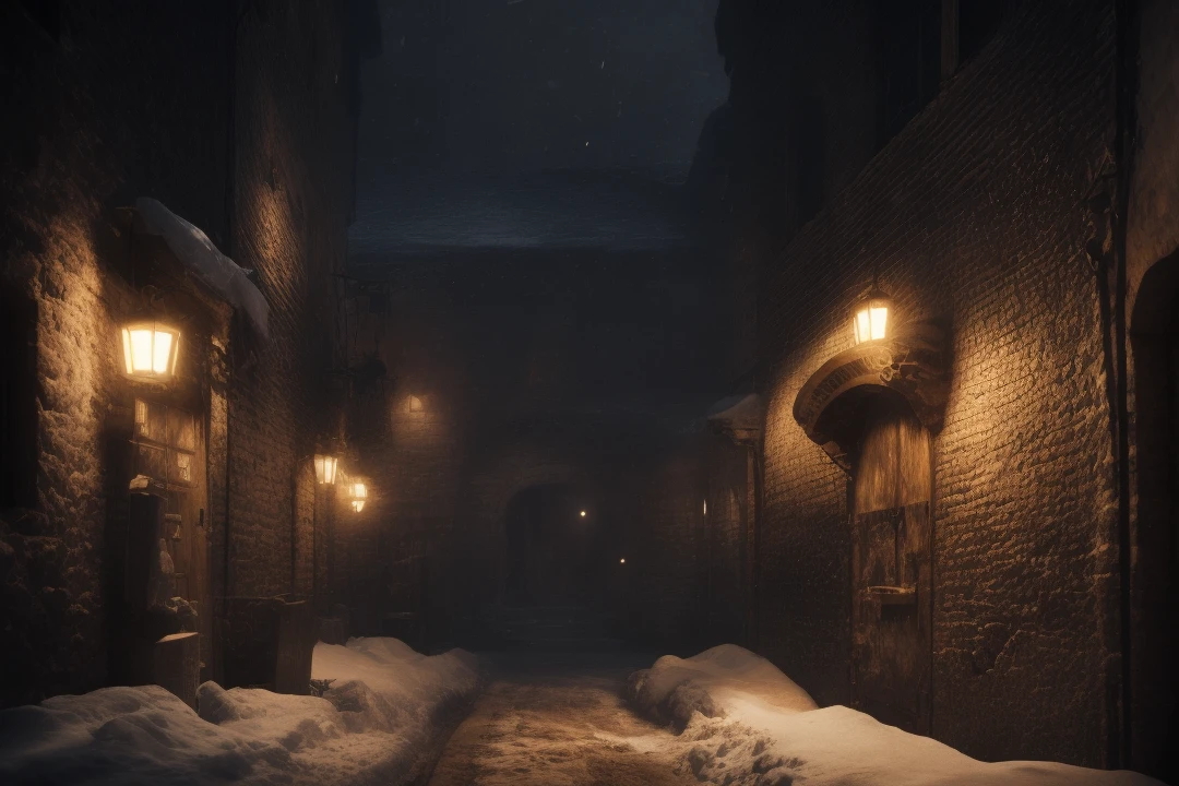 14th centruy, a backalley, warm glow, blowing snow, night, dark moody atmosphere, 8k uhd, dslr, soft lighting, high quality, volumetric lighting