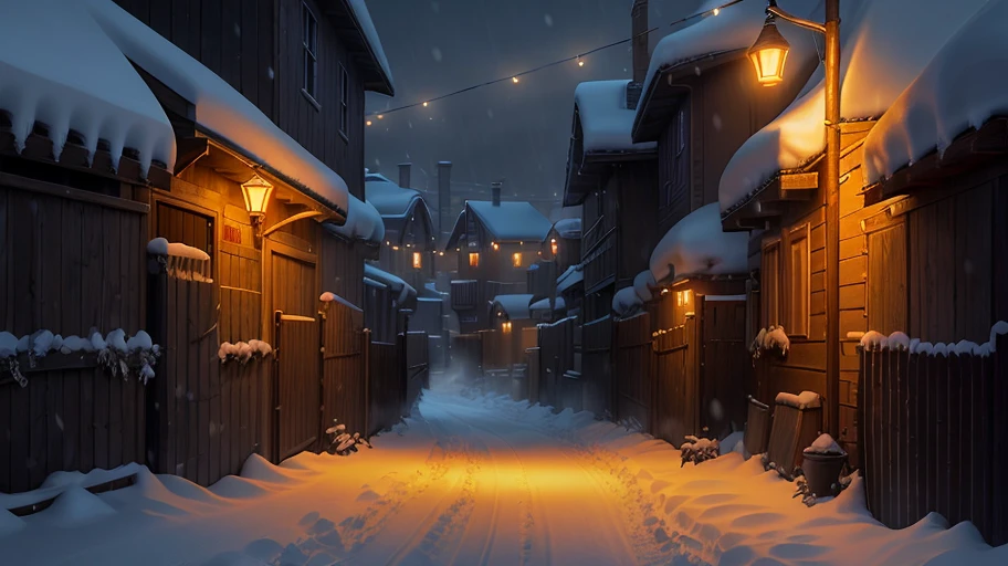 14th centruy, a backalley, warm glow, blowing snow, night, dark moody atmosphere, 8k uhd, dslr, soft lighting, high quality, volumetric lighting
