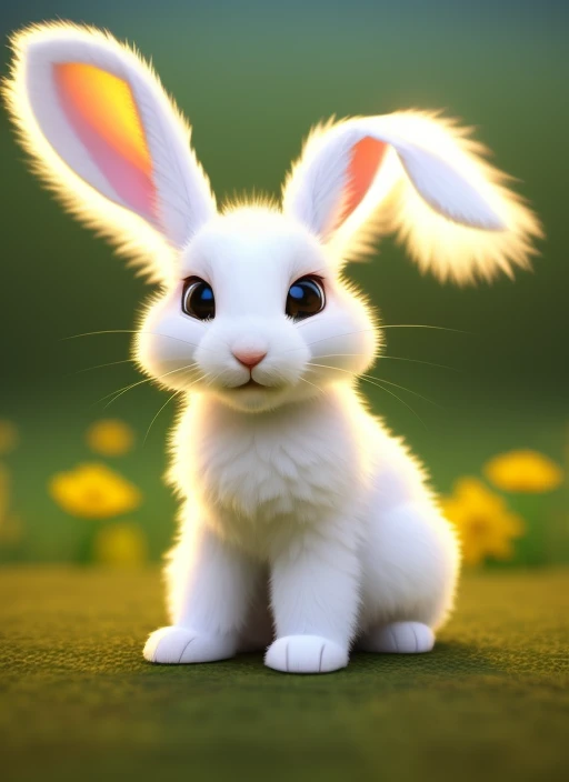 art of a small fluffy rabbit with a big ears, 3D disney pixar style, sitting on the meadow, forest background, bunny, cute, rabbit_bunny