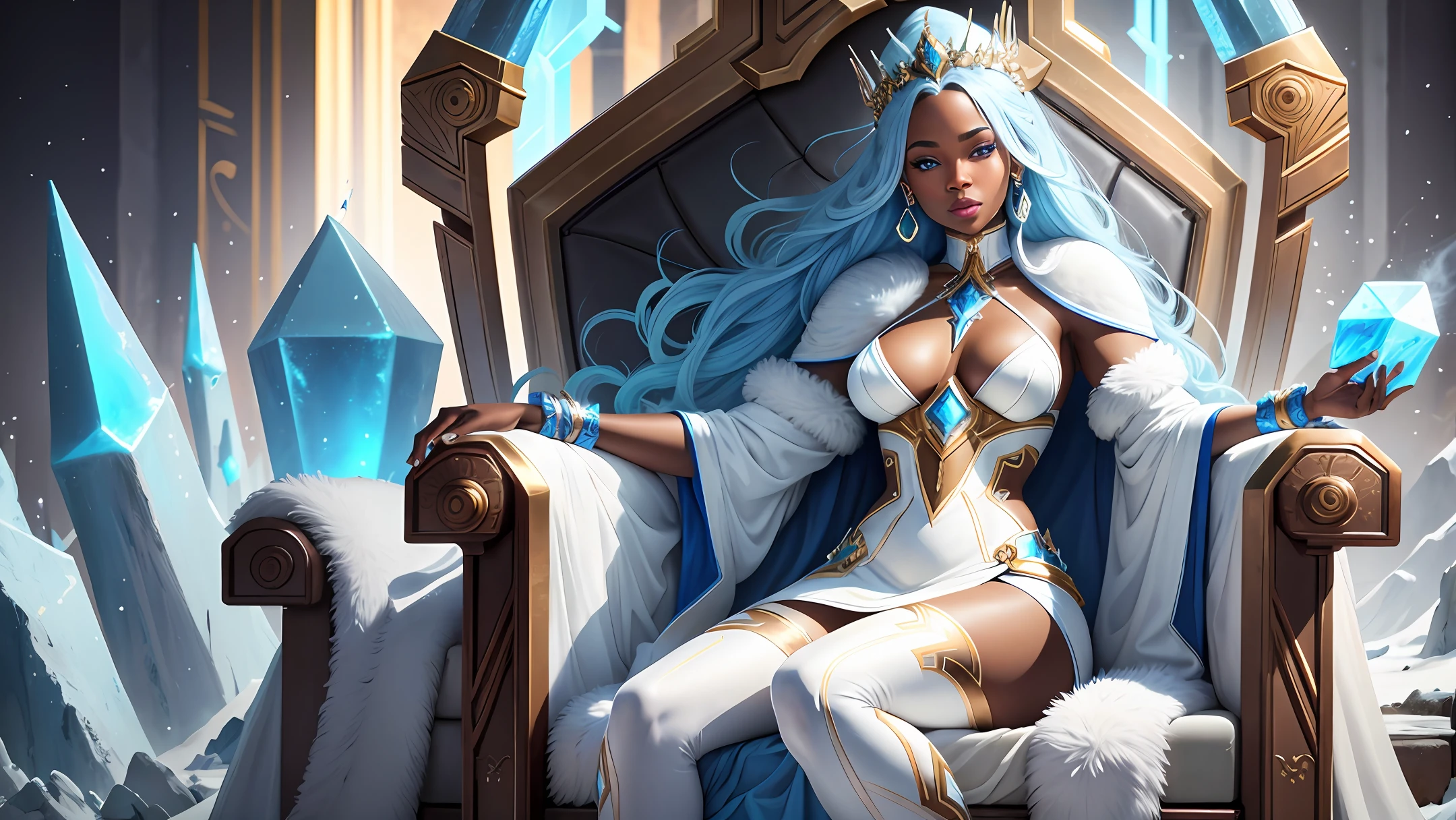 beautiful  african american Ice queen sitting on Throne, blue eyes, winter weather in an ice palace, palace made of ice, anamorphic, video art, vibrant colors, dynamic lighting, ultra high detail, dramatic lighting, movie poster, asymmetric composition, ultra detailed, full HD, unreal engine, artstation, photorealistic, highly detailed league of legends art style, masterpiece, highest quality, wearing thick white fur coat