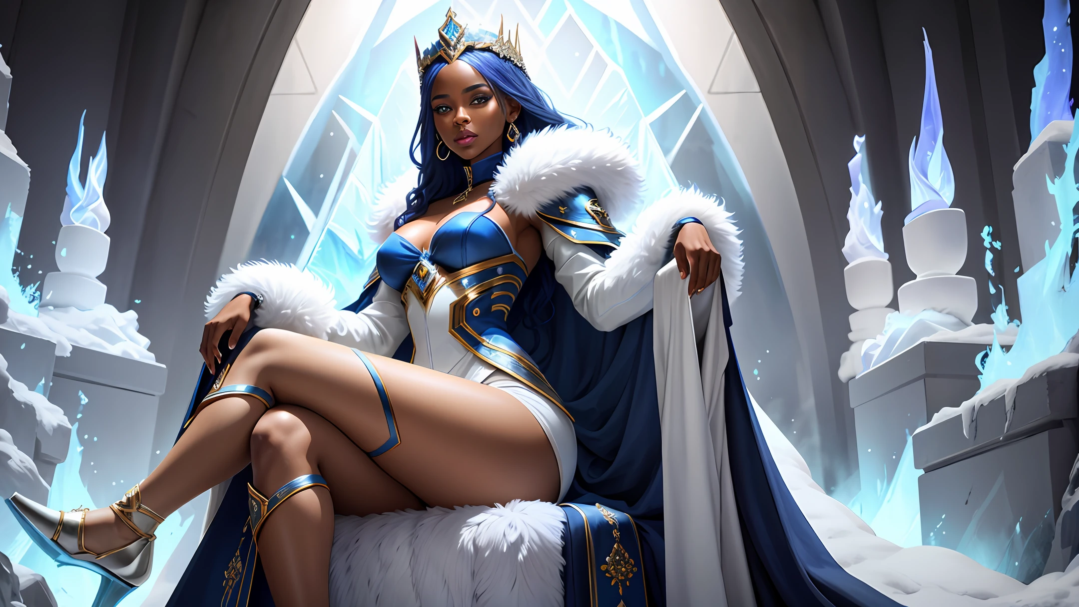 beautiful sexy african american Ice queen sitting on Throne, blue eyes, winter weather in an ice palace, palace made of ice, anamorphic, video art, vibrant colors, dynamic lighting, ultra high detail, dramatic lighting, movie poster, asymmetric composition, ultra detailed, full HD, unreal engine, artstation, photorealistic, highly detailed league of legends art style, masterpiece, highest quality, wearing thick white fur coat