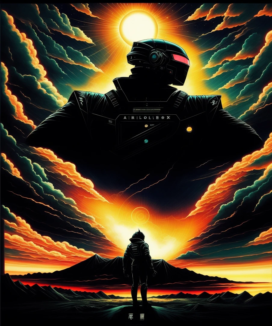 The sky background of the solar eclipse, one standing in the center of the canvas, looking up, black windbreaker, black mecha, black mecha golden ratio, looming body, complete and clear