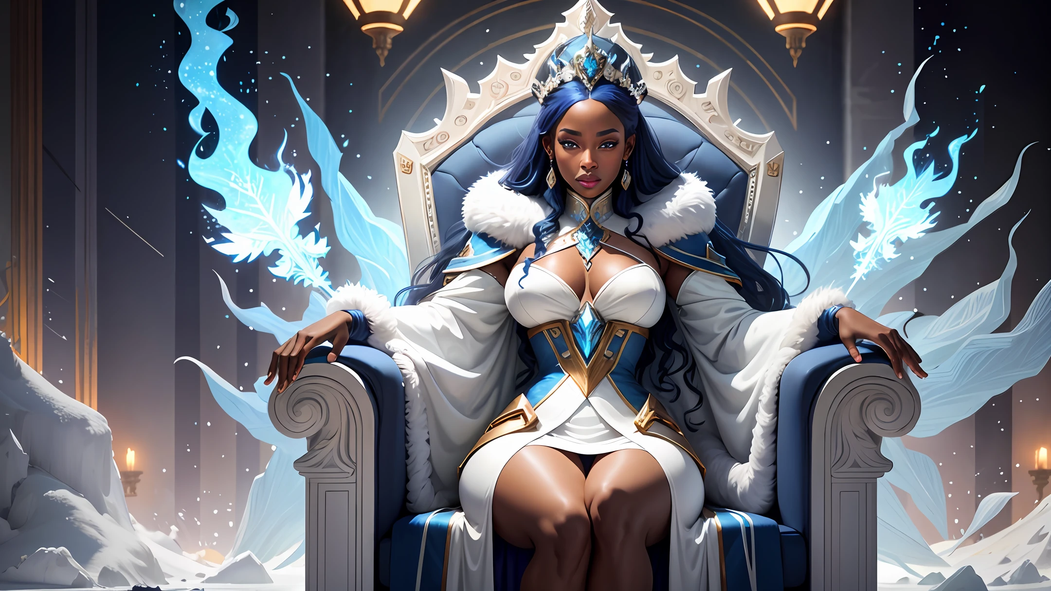 beautiful sexy african american Ice queen sitting on Throne, blue eyes, winter weather in an ice palace, palace made of ice, anamorphic, video art, vibrant colors, dynamic lighting, ultra high detail, dramatic lighting, movie poster, asymmetric composition, ultra detailed, full HD, unreal engine, artstation, photorealistic, highly detailed league of legends art style, masterpiece, highest quality, wearing thick white fur coat, light calm colors