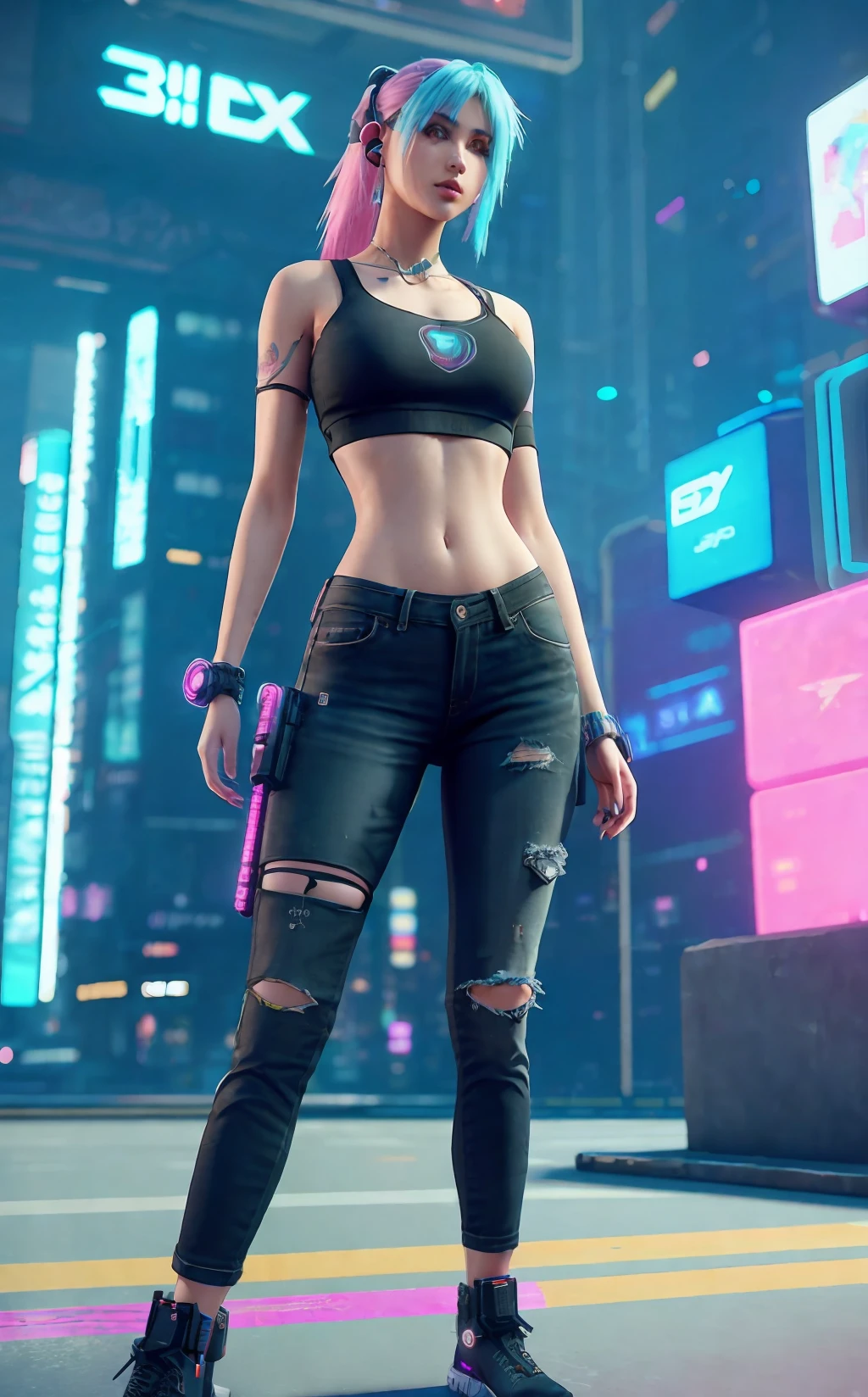 1. Arafed woman posing for photo in black top and jeans, wearing sexy crop top, ((3d rendering)), pastel cyberpunk style, ((((3d rendering)))), cyberpunk 20y. o model girl, cyberpunk vibe, cyberpunk style outfit, wearing crop top, wearing a cropped tops, cyberpunk outfit, dreamy cyberpunk girl wearing a cropped top, wearing a cropped top, costume, dreamy girl. Woman poses for a photo, 3d render inspired by Aleksander Gine, trend in cg society,, wearing sexy crop top, (( 3 d render)), ((( ( 3 d render) ) ) ), cyberpunk 2 0 y. o model girl,