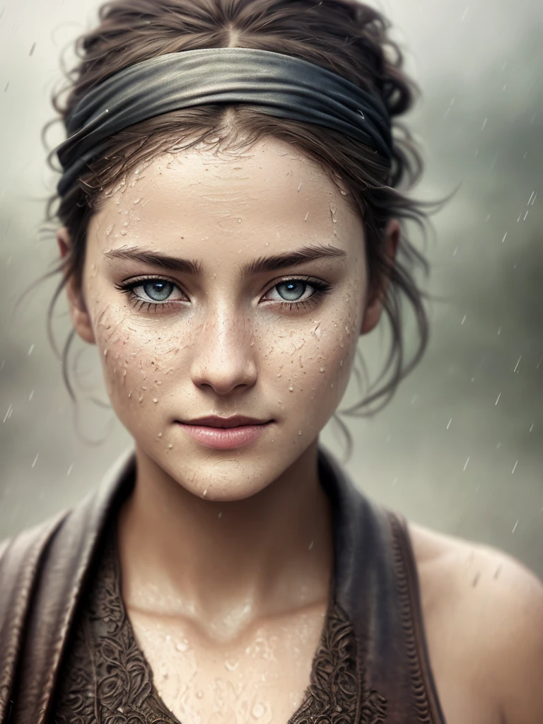 a portrait photo Paul Leonard Newman, natural skin texture, 24mm, 4k textures, dirty skin, soft cinematic light, adobe lightroom, photolab, smiling, bandana, detailed rain, detailed water drops, wet skin, freezing, masterpiece, (beautiful detailed eyes:1.1), best quality, illustration, (detailed lighting:1.2), (beautiful detailed glow:1.3), leather clothing, deep cleavage, intricate, digital painting, smooth, sharp focus, end of the world, epic realistic, (hdr:1.4), (muted colors:1.4), neutral colors, night, screen space refractions, (intricate details, hyperdetailed:1.3), cinematic shot