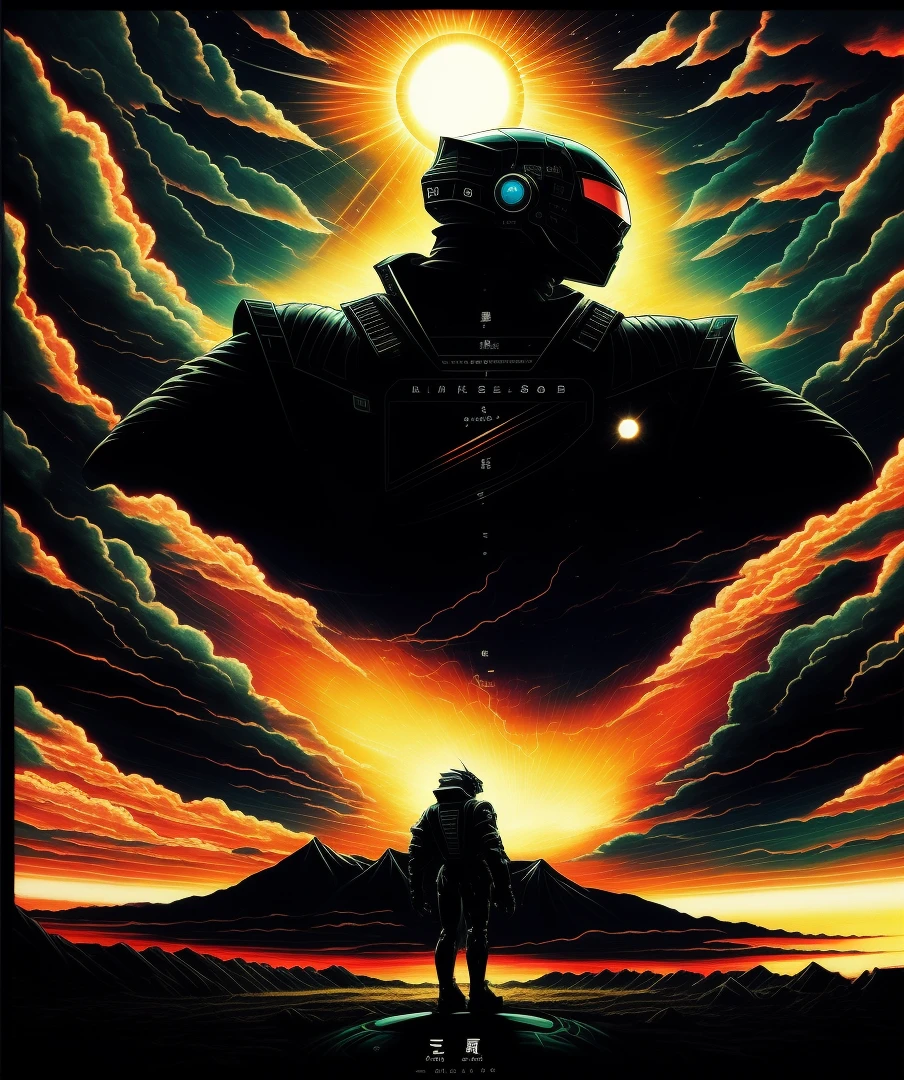 The sky background of the solar eclipse, one standing in the center of the canvas, looking up, black windbreaker, black mecha, black mecha golden ratio, looming body, complete and clear body,