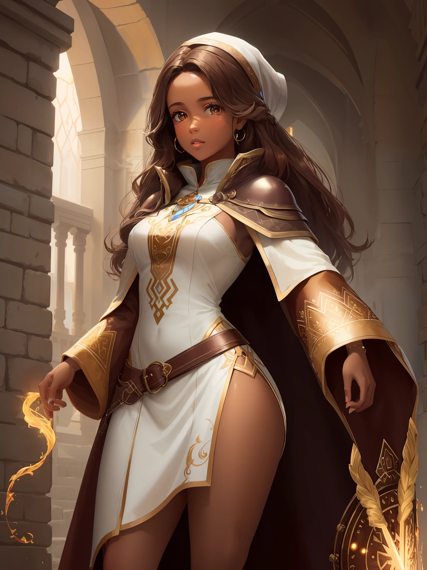 Masterpiece, highest quality, details, brown Latin female, mage, wizard, laboratory, long coat, innocent, brown hair, golden brown skin, tanned skin