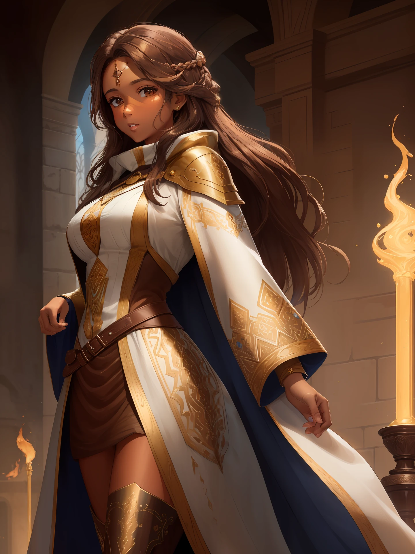 Masterpiece, highest quality, details, brown Latin female, mage, wizard, laboratory, long coat, innocent, brown hair, golden brown skin, tanned skin