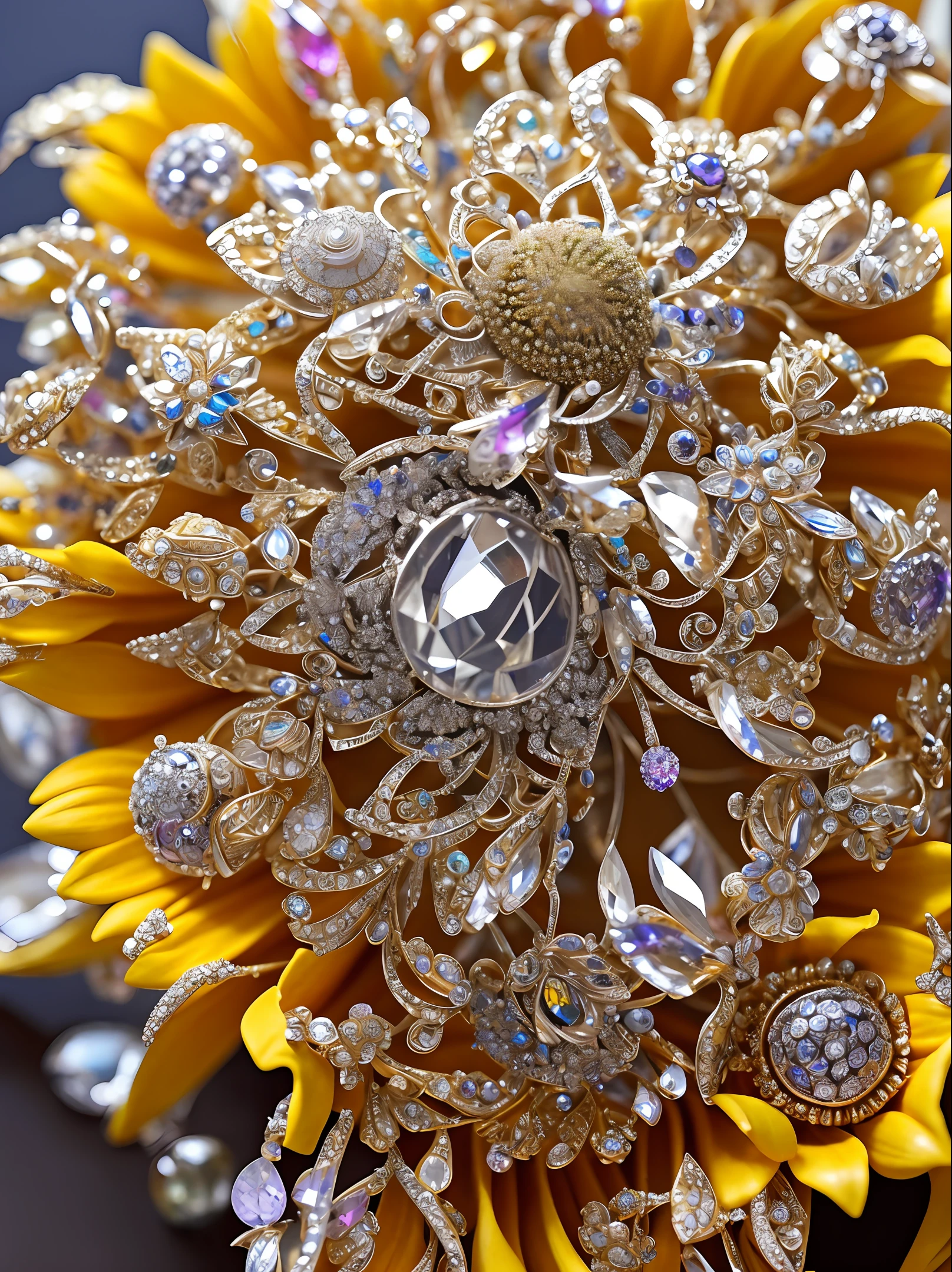 a close up of a sunflower made of various types of jewellery , detailed sunflower in the middle, judy boyle intricate, resin and clay art, made up of many bits of metal, gems, jewellery intricate artwork masterpiece, made of crystals, etsy, insanely intricate, covered in crystals and glitter, insanely intricate and detailed, insanely detailed and intricate, jeweled.