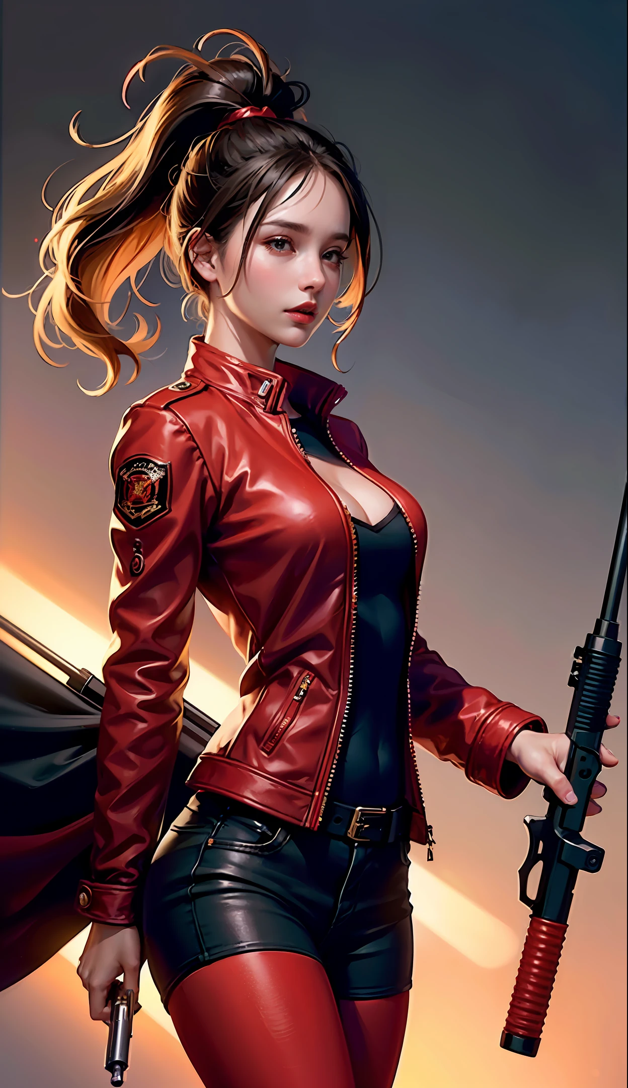 (A high-quality, ultra-realistic CG artwork) of (a girl) in (a red jacket and wielding a gun), with (best illumination) and (best shadow), (dynamic angle), (dynamic pose), and (high resolution).