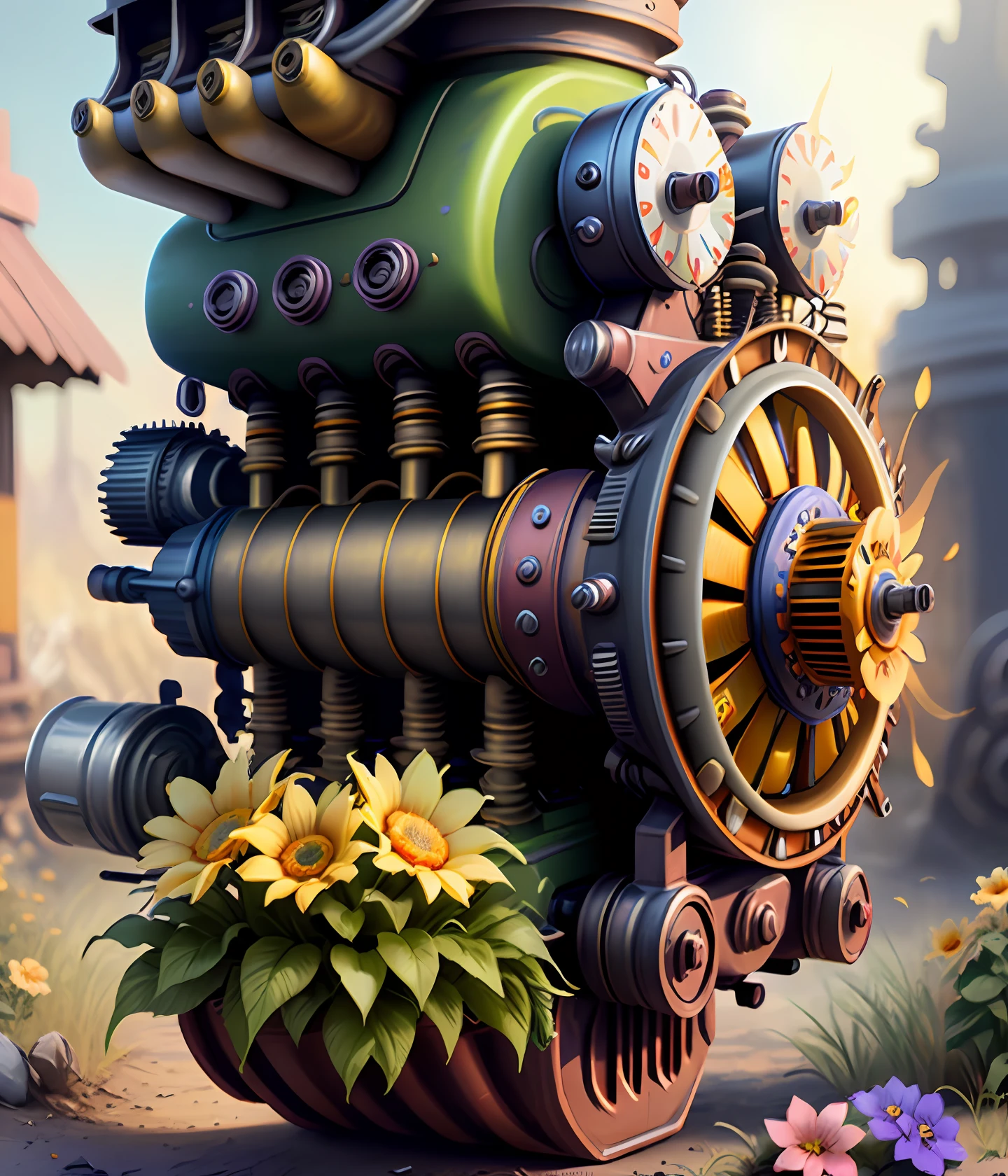 detailed beautiful colorful fantasy flowers groving from the top of ultrarealistic gasoline motor engine, vibrant details,best quality, masterpiece, octane render, sunny atmosphere