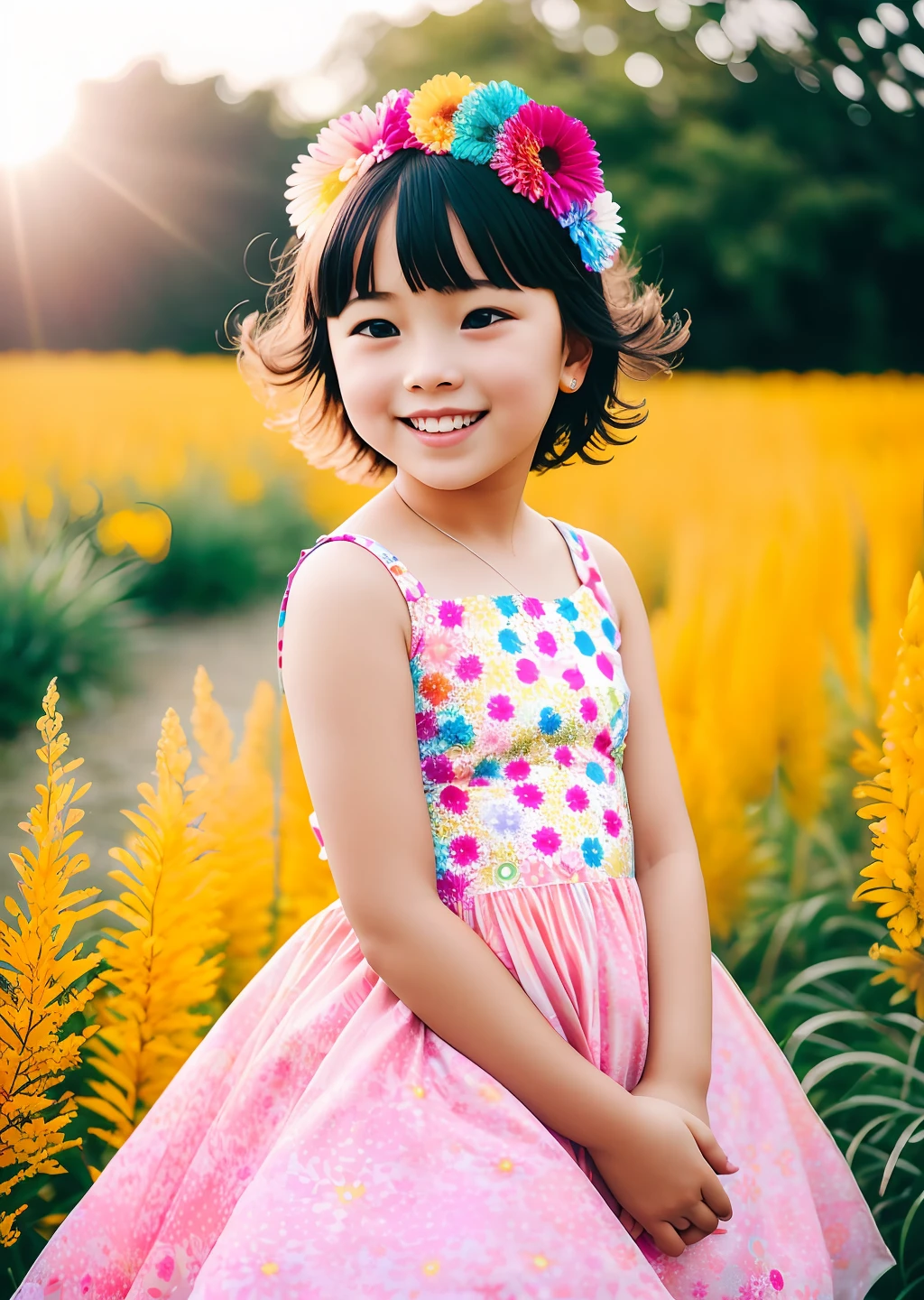 Fashion photography of children, floral dress, strong sense of design, middle ground, 8--old l, Danish little short hair, hair accessories, delicate skin, happy laughing, simple background, high texture, colorful backlight, photography Shed Professional Lighting