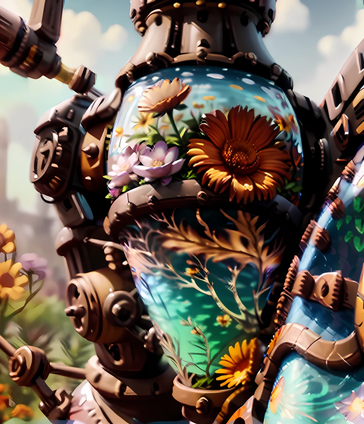 detailed beautiful colorful fantasy flowers groving from the top of ultrarealistic diesel motor engine, vibrant details, view from bottom,best quality, masterpiece, octane render, sunny atmosphere, depth of field, bokeh