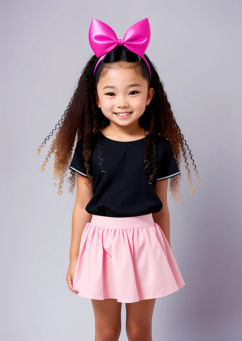 Fashion photography of children, miniskirt, strong sense of design, medium shot, 8--old l, mixed-race little long hair, hair accessories, delicate skin, happy smile, simple background, high texture, colorful backlight, studio professional lighting