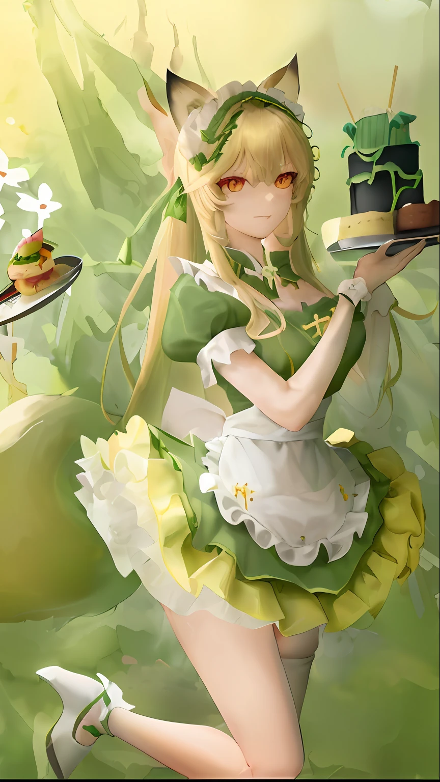 咒语(Prompt): 1girl,animal_ears,apron,blonde_hair,burger,cake,cup,dessert,dress,food,fork,fox_ears,fox_tail,frills,gloves,green_bow,green_dress,green_eyes,green_hairband,green_skirt,headdress,high_heels,holding_plate,holding_tray,ice_cream,large_tail,long_hair,mai...
Model: 2.5D国风, CFG scale: 9.5