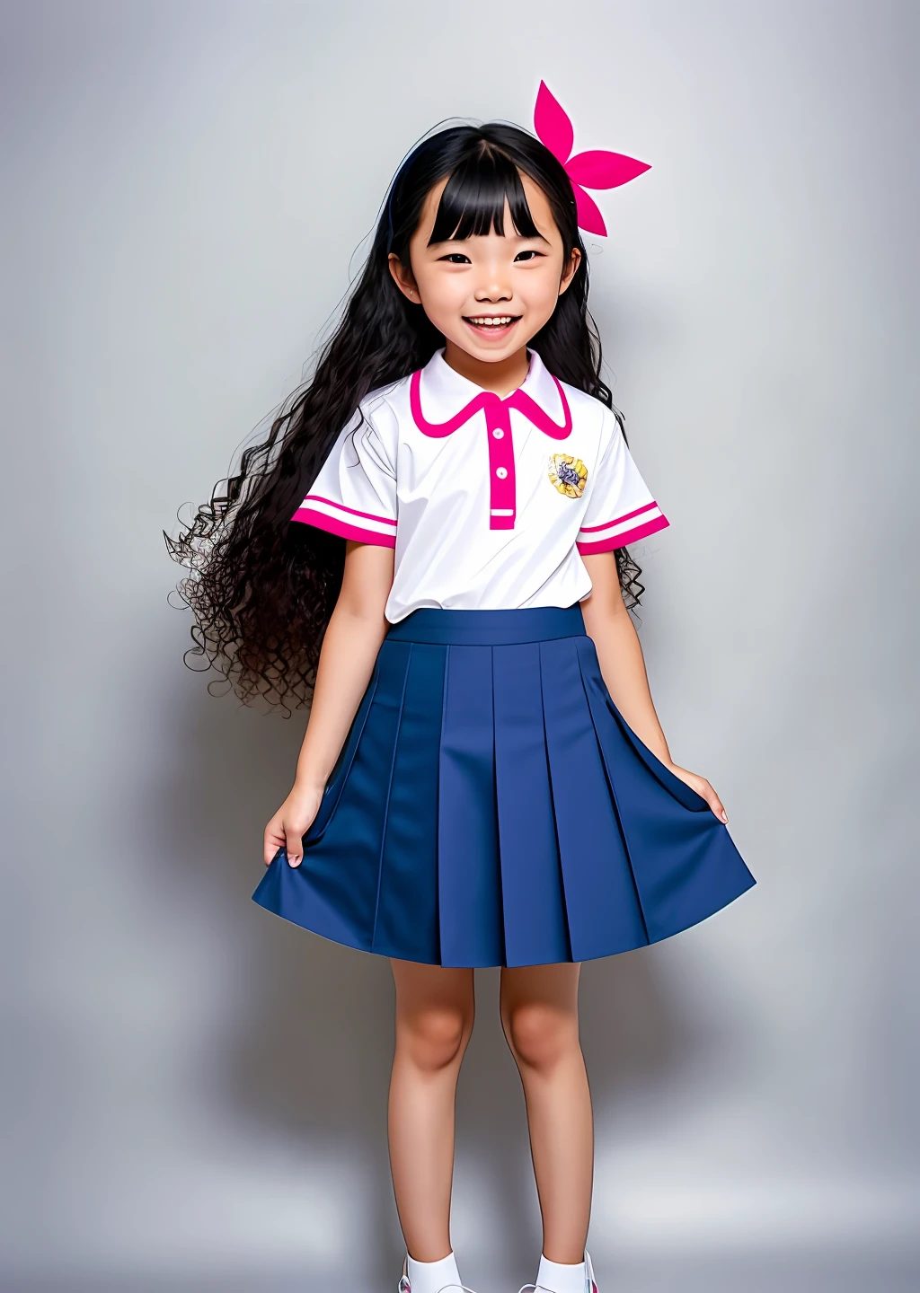 Fashion photography of children, school uniform and skirt, strong sense of design, medium shot, ***************, *********** from Hong Kong, long hair, hair accessories, delicate skin, happy laughing, simple background, high texture, glare backlight, photography Shed Professional Lighting