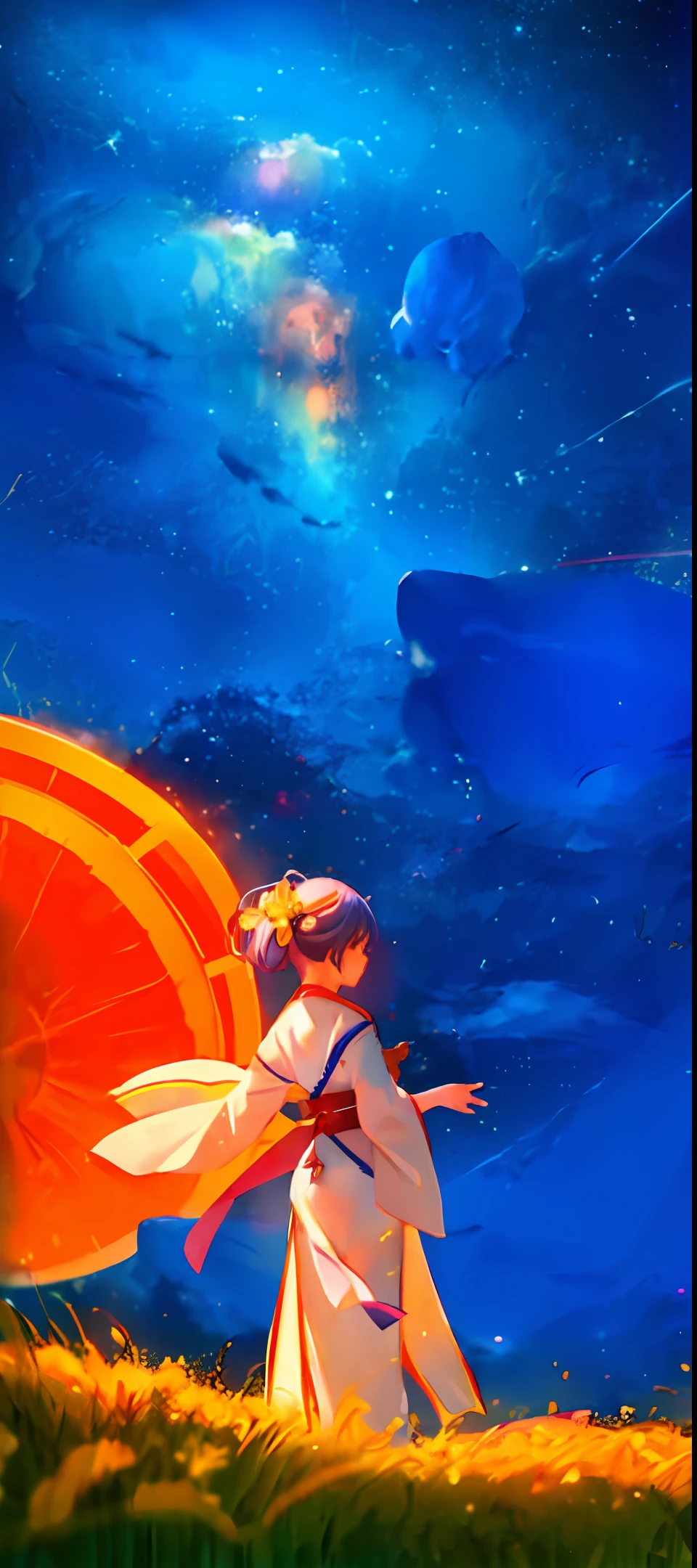 1girl, distant little girl wearing a hanfu staring at the stars, (zoomed out:1.1), (meteor shower:1.2), (comet:1.1), your name, low angle, from behind, aroura borealis, shooting star, white hanfu, standing in a field, best quality, masterpiece, cloud, colorful, starry,stars,