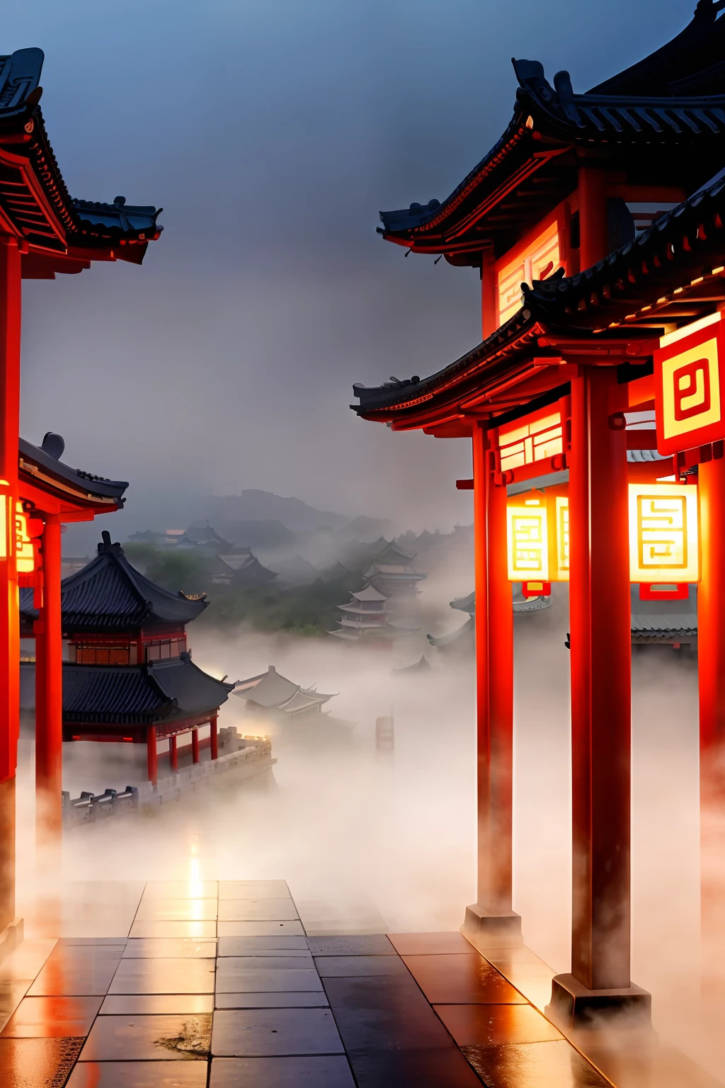 ((beautiful),(ancient Chinese city),(after the rain),(sentimental)),(feelings),(quiet),(street),(meditative),(black and white:0.3)|(fog:1.3), (light rain: 1.2+ heavy rain: 1.3)