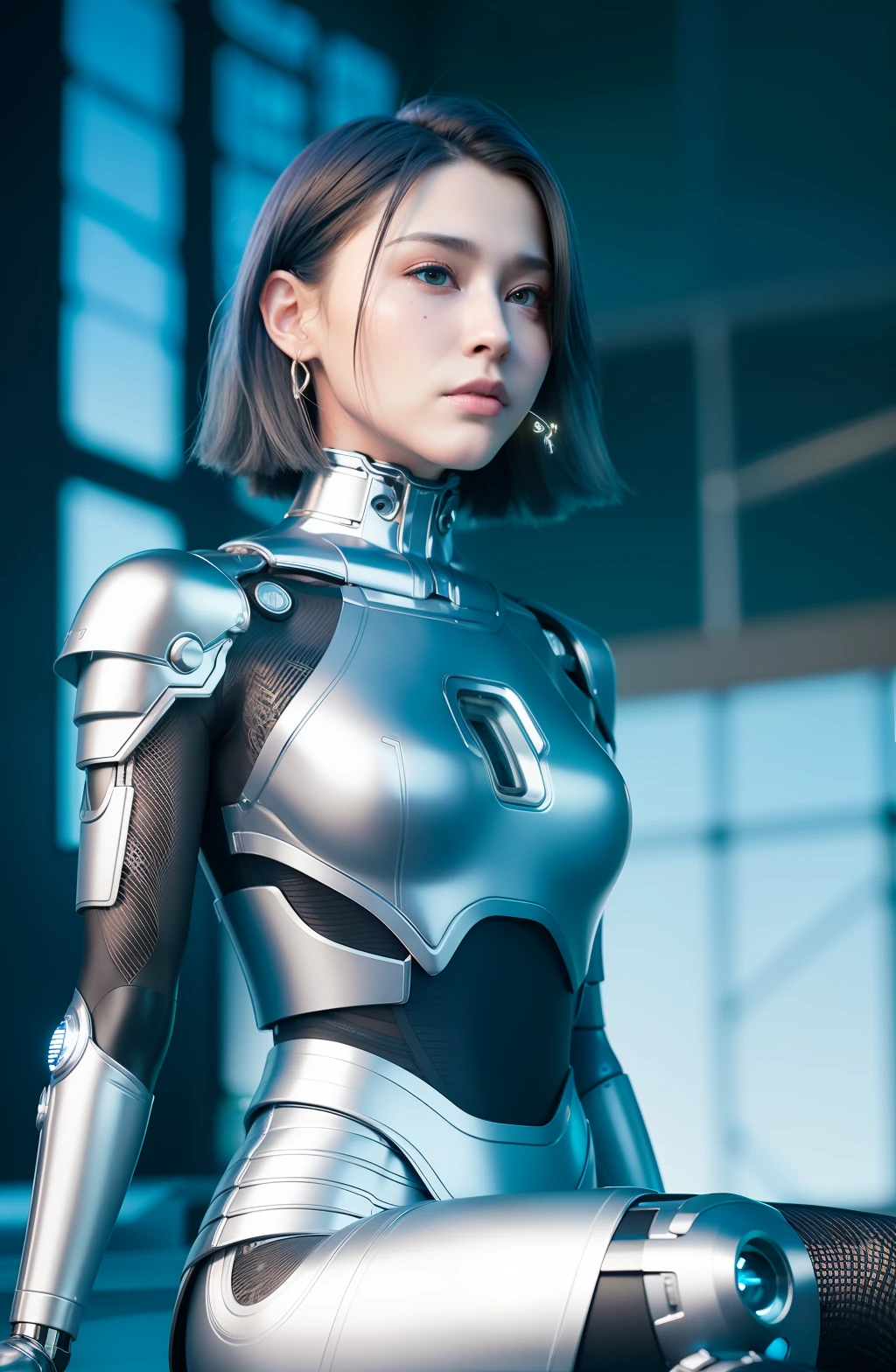 complex 3d render android face ultra detailed beautiful china profile woman, cyborg, robot part, 150 mm, beautiful studio soft light, edge light, vivid detail, fancy cyberpunk, lace, hyperrealistic, anatomy, facial muscles, electric wires, microchips, elegant, beautiful background, octane render, HR Giger style, 8k, top quality, masterpiece, illustration, smooth and beautiful, highly detailed, CG, unity, wallpaper, (realistic, photo-realistic: 1.37), excellent, detail refined, masterpiece, top quality, official art, highly detailed, absurd CG unity 8k wallpaper, absurd, robot, silver halmet, full body, sitting