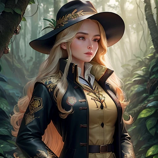 woman ranger dark coat embroidered with dragons long golden hair jungle
