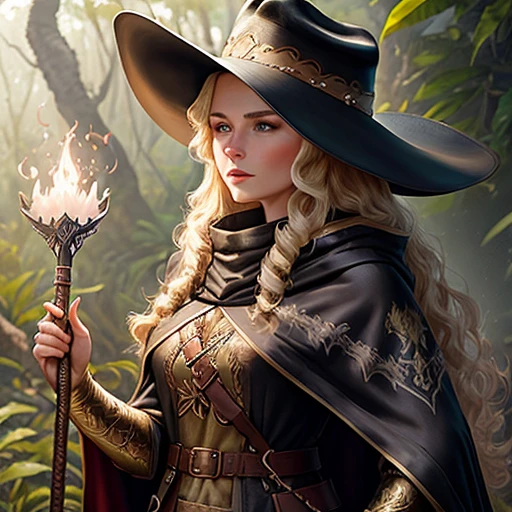 Woman Ranger Dark Cloak Embroidered with Dragons Jungle Cowboy Hat with Golden Long Hair