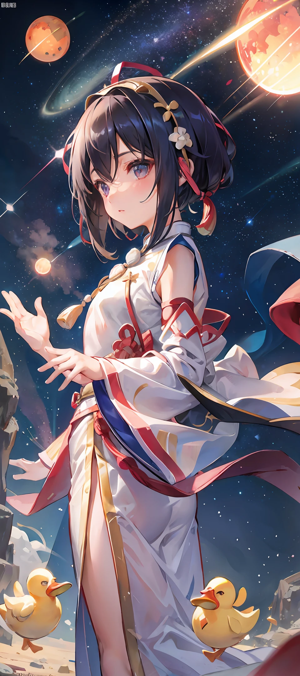 1girl, distant little girl wearing a Chinese hanfu staring at the stars, (zoomed out:1.1), (meteor shower:1.2), (comet:1.1), your name, low angle, back view, distant view, wide angle lens, aroura borealis, shooting star, white Chinese hanfu, standing in a desert, best quality, masterpiece, cloud, colorful, starry, stars, among ducklings, short black hair,