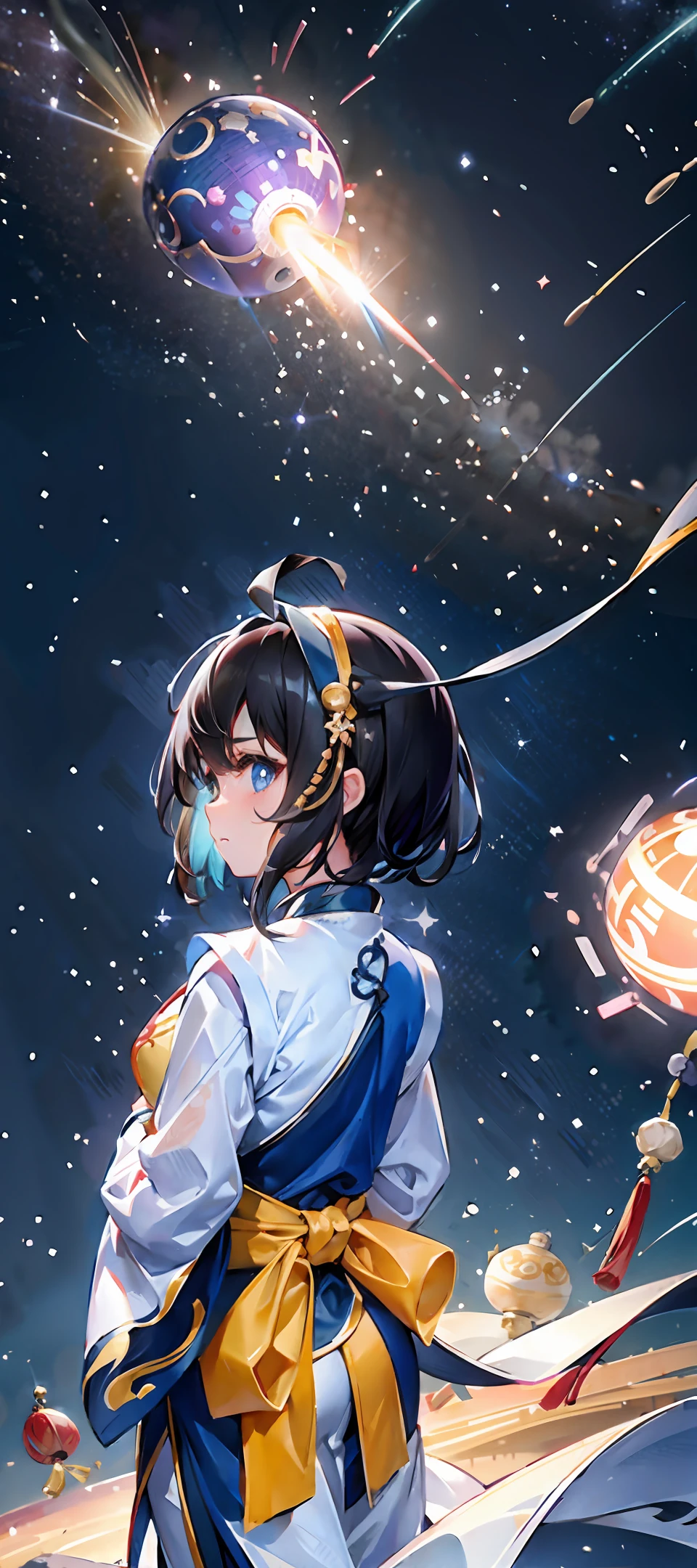 1girl, distant wearing a Chinese hanfu staring at the stars, (zoomed out:1.1), (meteor shower:1.2), (comet:1.1), your name, low angle, back view, distant view, wide angle lens, aroura borealis, shooting star, white Chinese hanfu, standing in a desert, best quality, masterpiece, cloud, colorful, starry, stars, among ducklings, short black hair,