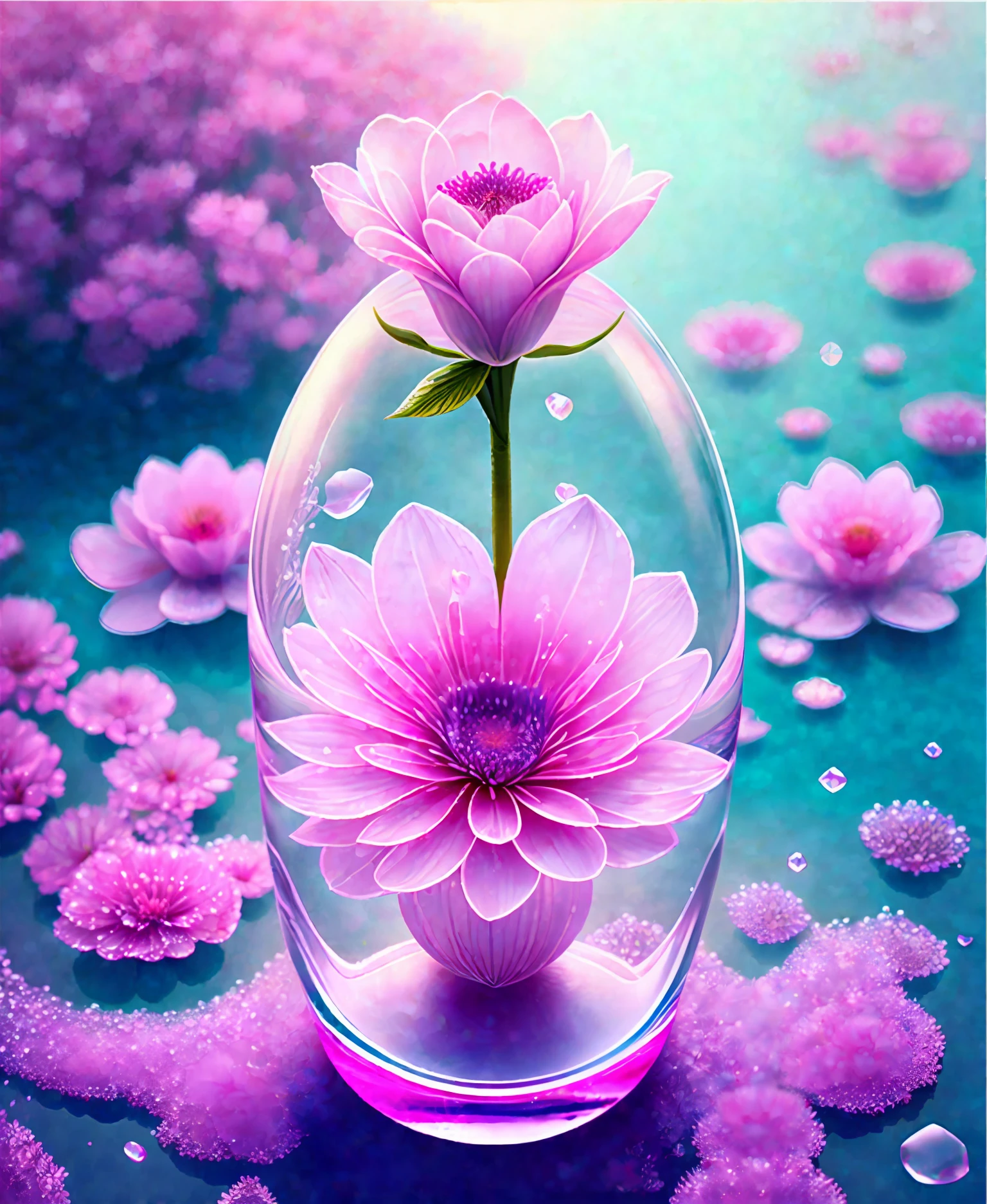 One kind of flower is pink, its petals are transparent, as deep as sea water, as crystal as dew, it can feel the devotion and purity of love, 8k, hd ar 916