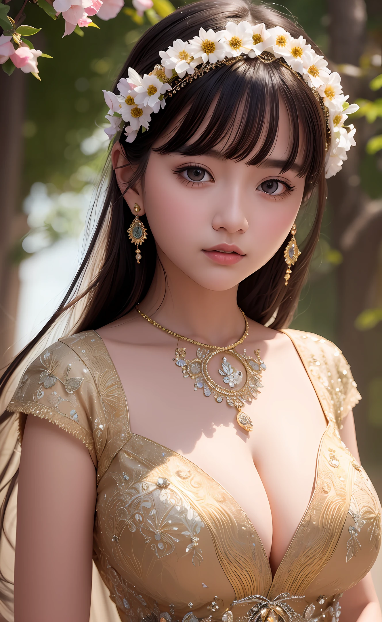 delicated best quality ,masterpiece, illustration, an extremely delicate and beautiful, extremely detailed ,CG ,unity ,8k wallpaper, Amazing, finely detail, masterpiece,best quality,official art,extremely detailed CG unity 8k wallpaper,absurdres, incredibly absurdres, huge filesize , ultra-detailed, highres, extremely detailed,beautiful detailed girl, extremely detailed eyes and face, beautiful detailed eyes,light on face,1girl, circlet, cleavage, real face, standing, dress, chinese_clothes,  natural face, clothes with texture, earrings, eyelashes, hair_ornament, jewelry, soft lighting, mountains, natural scenery, blossom, cinematic lighting ,
