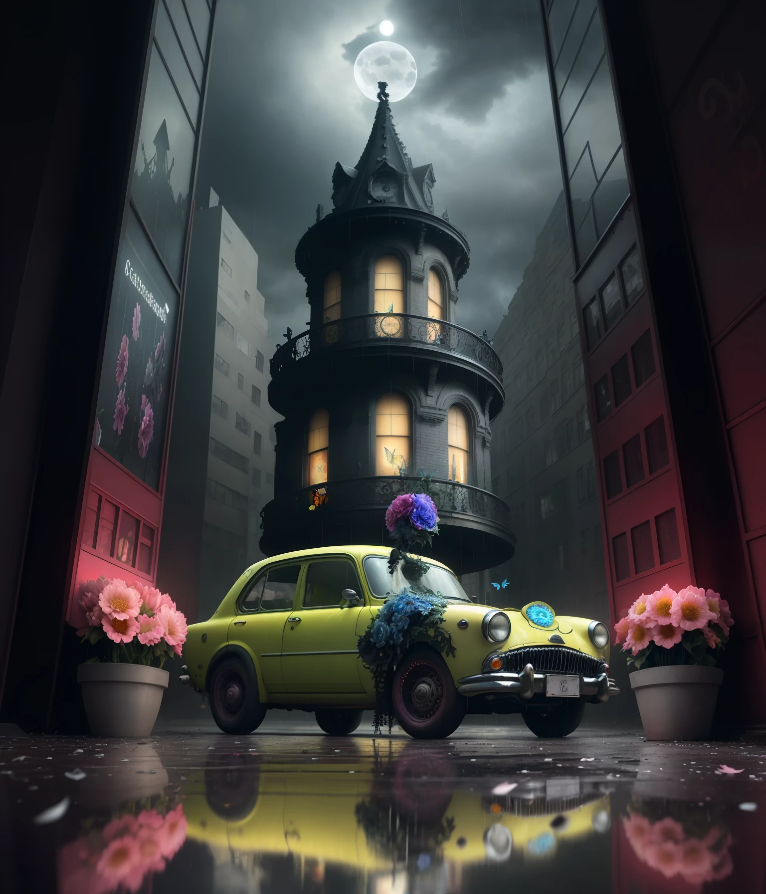 obscure Gasoline car with driver on road in garden with big flowers around, carriages, centered, wide shot, pop surrealism, neo-dada, spectacular, spectacle, masterpiece, private collection, curated collection, behance, 3d render, cracked clay, gothic, bright colors, oversaturated, depth, spirals, fibonacci sequences, shells, wings, butterflies, flowers, gears, tunnels, surreal environment, fractals geometry, game assets, city scene, modern makeup, long eyelashes, rain drops, chiffon dress, rococo, bracelets, punk rock, subversive art, dirty, grime, dingey, mid cut jeans, specular highlights, reflections, ambient occlusion render, detailed,armature, detailed, elaborate, complex, cars, stormy sky, moonlight