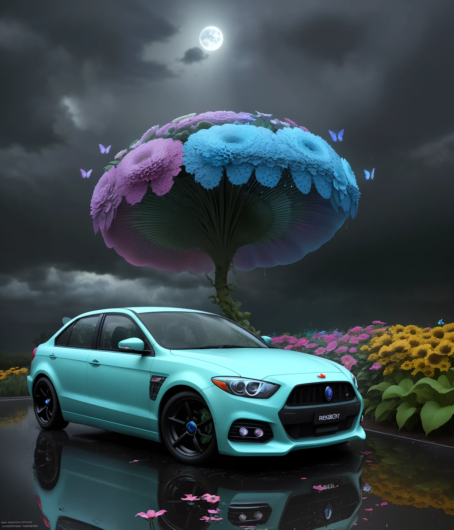 obscure gasoline car with driver on small garden way in fantasy garden with flowers around, pop surrealism, neo-dada, spectacular, spectacle, masterpiece, 3d render, bright colors, oversaturated, depth, spirals, fibonacci sequences, shells, wings, butterflies, flowers, surreal environment, fractals geometry, rain drops, rococo, bracelets, punk rock, grime, dingey, specular highlights, reflections, ambient occlusion render, detailed,armature, detailed, elaborate, complex, cars, stormy sky, moonlight
