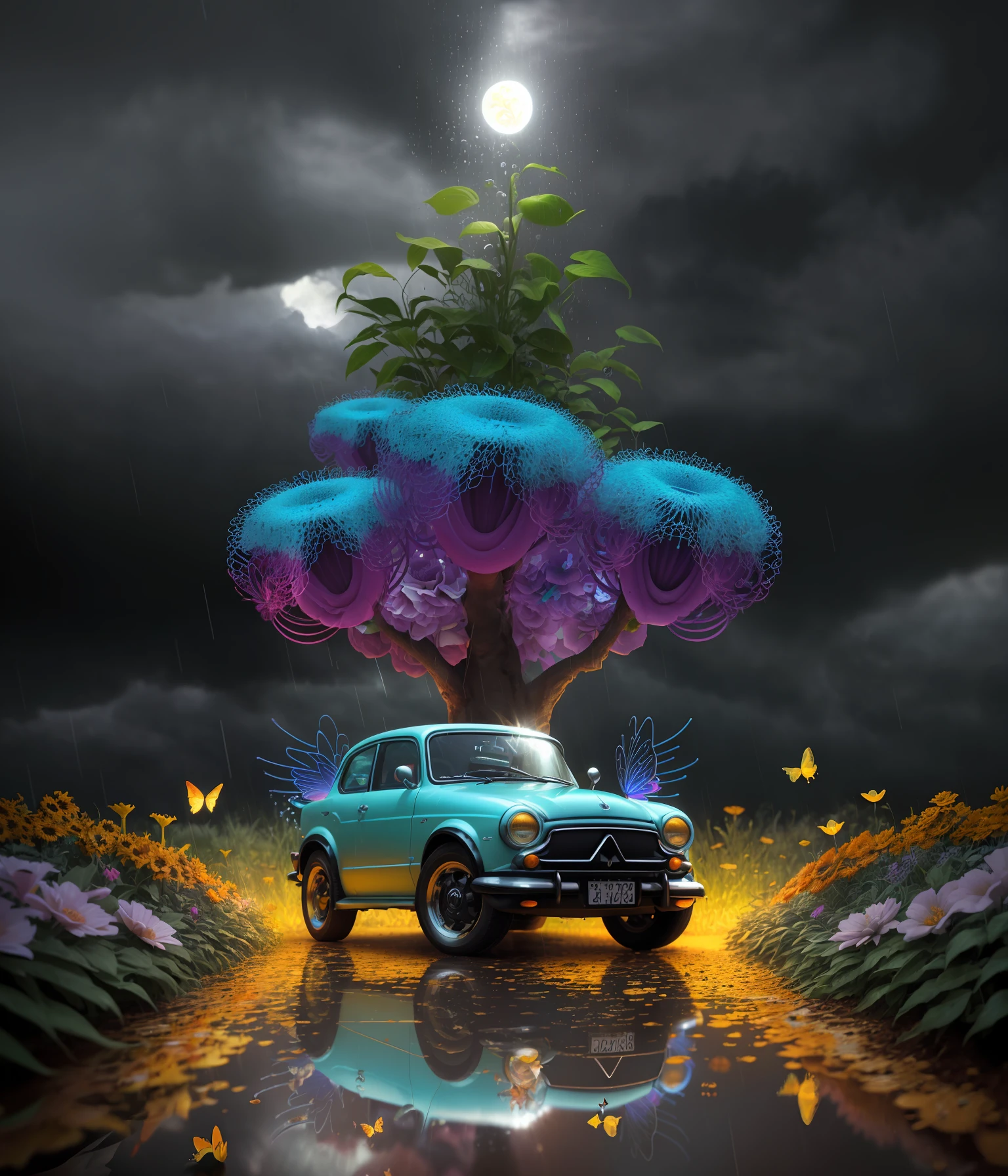 obscure gasoline car with driver on small garden way in fantasy garden with flowers around, pop surrealism, neo-dada, spectacular, spectacle, masterpiece, 3d render, bright colors, oversaturated, depth, spirals, fibonacci sequences, shells, wings, butterflies, flowers, surreal environment, fractals geometry, rain drops, rococo, bracelets, punk rock, grime, dingey, specular highlights, reflections, ambient occlusion render, detailed,armature, detailed, elaborate, complex, cars, stormy sky, moonlight