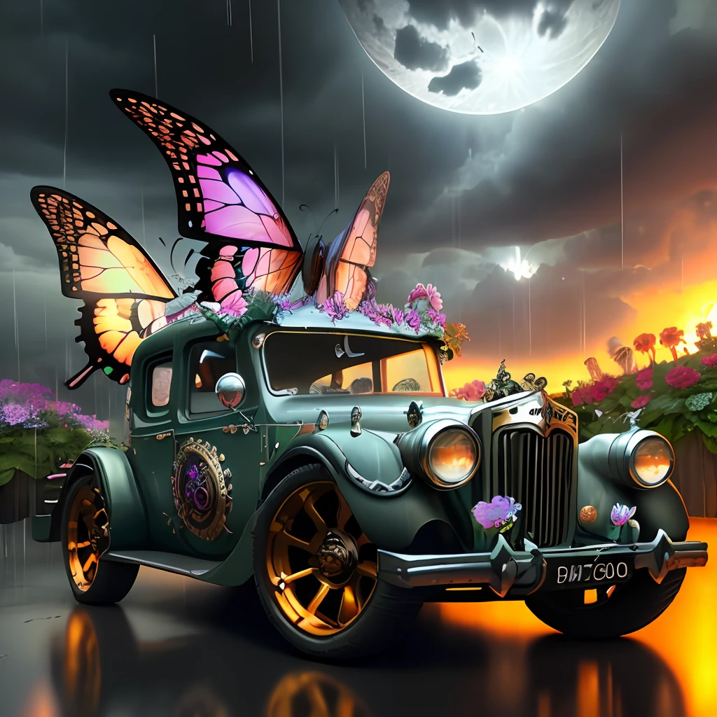 steampunk gasoline motor engine inside fantasy garden with flowers, pop surrealism, neo-dada, spectacular, spectacle, masterpiece, 3d render, bright colors, oversaturated, depth, spirals, fibonacci sequences, shells, wings, erflies, flowers, surreal environment, fractals geometry, rain drops, rococo, bracelets, punk rock, grime, dingey, specular highlights, reflections, ambient occlusion render, detailed,armature, detailed, elaborate, complex, cars, stormy sky, moonlight