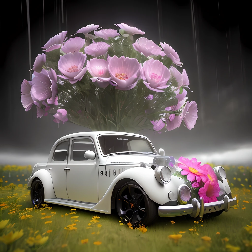 gasoline engine inside fantasy garden with flowers, pop surrealism, neo-dada, spectacular, spectacle, masterpiece, 3d render, bright colors, oversaturated, depth, spirals, fibonacci sequences, snail's shells, flowers, surreal environment, fractals geometry, rain drops, rococo, bracelets, punk rock, grime, dingey, specular highlights, reflections, ambient occlusion render, detailed,armature, detailed, elaborate, complex, cars, stormy sky, dark sunny atmosphere