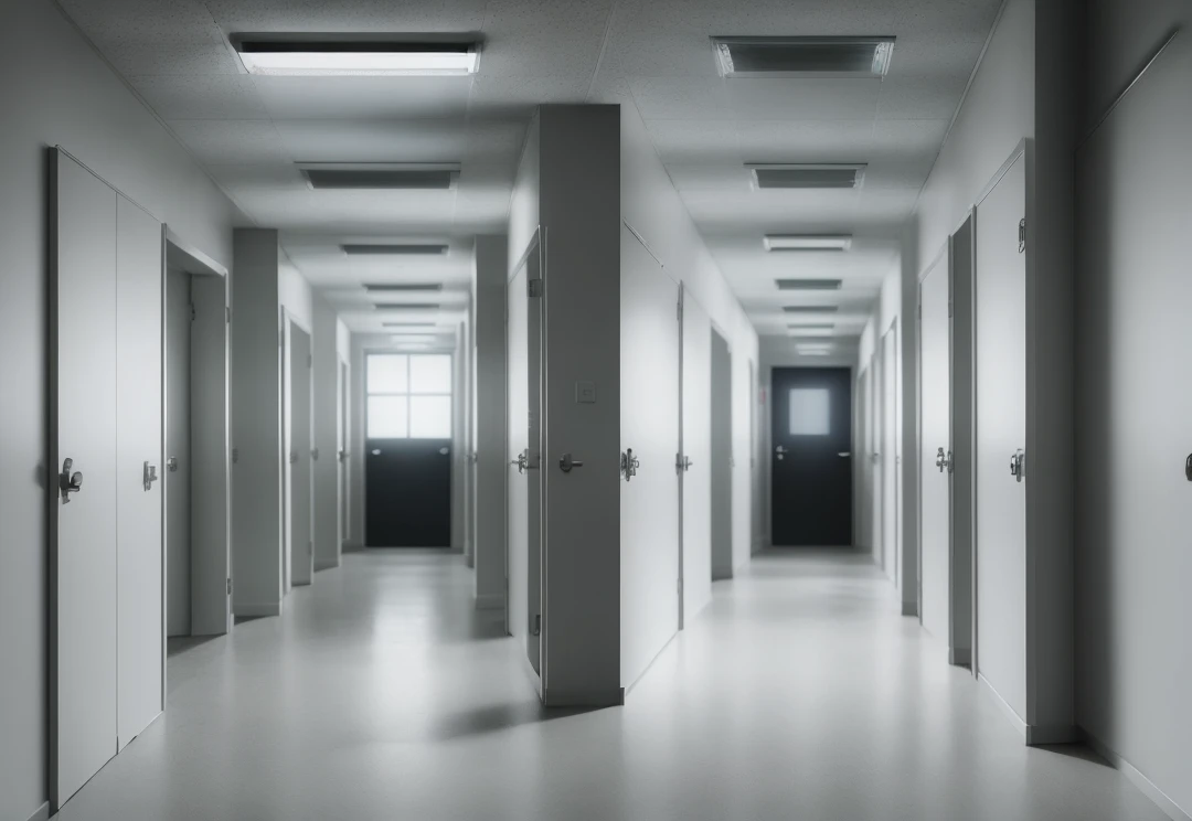 a dark office hallway,emergency light,no light,