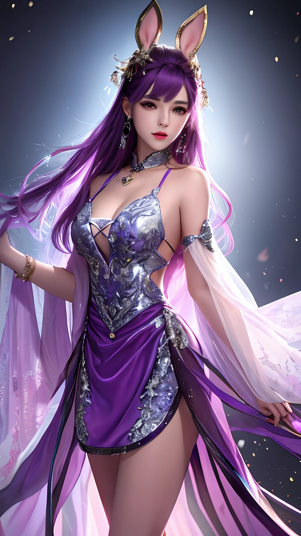best quality, masterpiece, highres, 1girl,china dress,hair ornament,necklace, jewelry,Beautiful face,upon_body, tyndall effect,photorealistic, dark studio, rim lighting, two tone lighting,(high detailed skin:1.2), 8k uhd, dslr, soft lighting, high quality, volumetric lighting, candid, Photograph, high resolution, 4k, 8k, Bokeh, purple haired, (transparant clothes:1.4), silver rabbit ears,