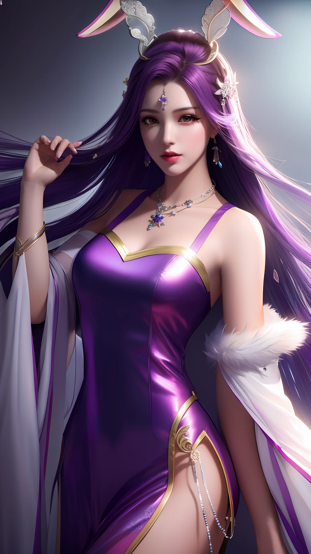 best quality, masterpiece, highres, 1girl,china dress,hair ornament,necklace, jewelry,Beautiful face,upon_body, tyndall effect,photorealistic, dark studio, rim lighting, two tone lighting,(high detailed skin:1.2), 8k uhd, dslr, soft lighting, high quality, volumetric lighting, candid, Photograph, high resolution, 4k, 8k, Bokeh, purple haired, (transparant clothes:1.4), silver rabbit ears,