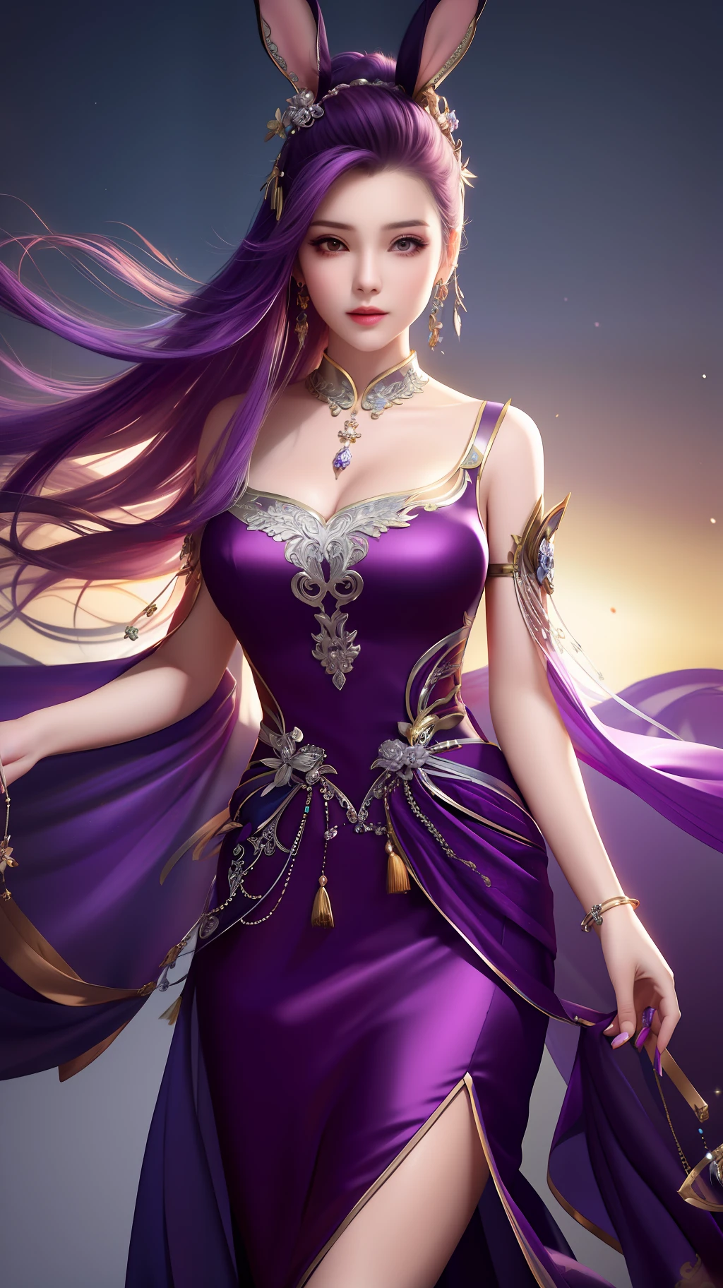 best quality, masterpiece, highres, 1girl,china dress,hair ornament,necklace, jewelry,Beautiful face,upon_body, tyndall effect,photorealistic, dark studio, rim lighting, two tone lighting,(high detailed skin:1.2), 8k uhd, dslr, soft lighting, high quality, volumetric lighting, candid, Photograph, high resolution, 4k, 8k, Bokeh, purple haired, (transparant clothes:1.4), silver rabbit ears,