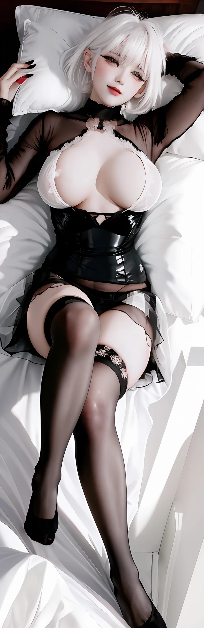 Girl lying on the bed, short white hair, visible, superb, ultra high definition, RAW photo, realism: 1.25), (bright lip gloss, long eyelashes, smooth face, bright skin, natural shadow, wide light, wide light, depth of field , strong colors, subtle caustics: 0.8), smiling, (big tits), white underwear, black stockings, sheer black hip skirt, secretary, pillow between legs, no shoes