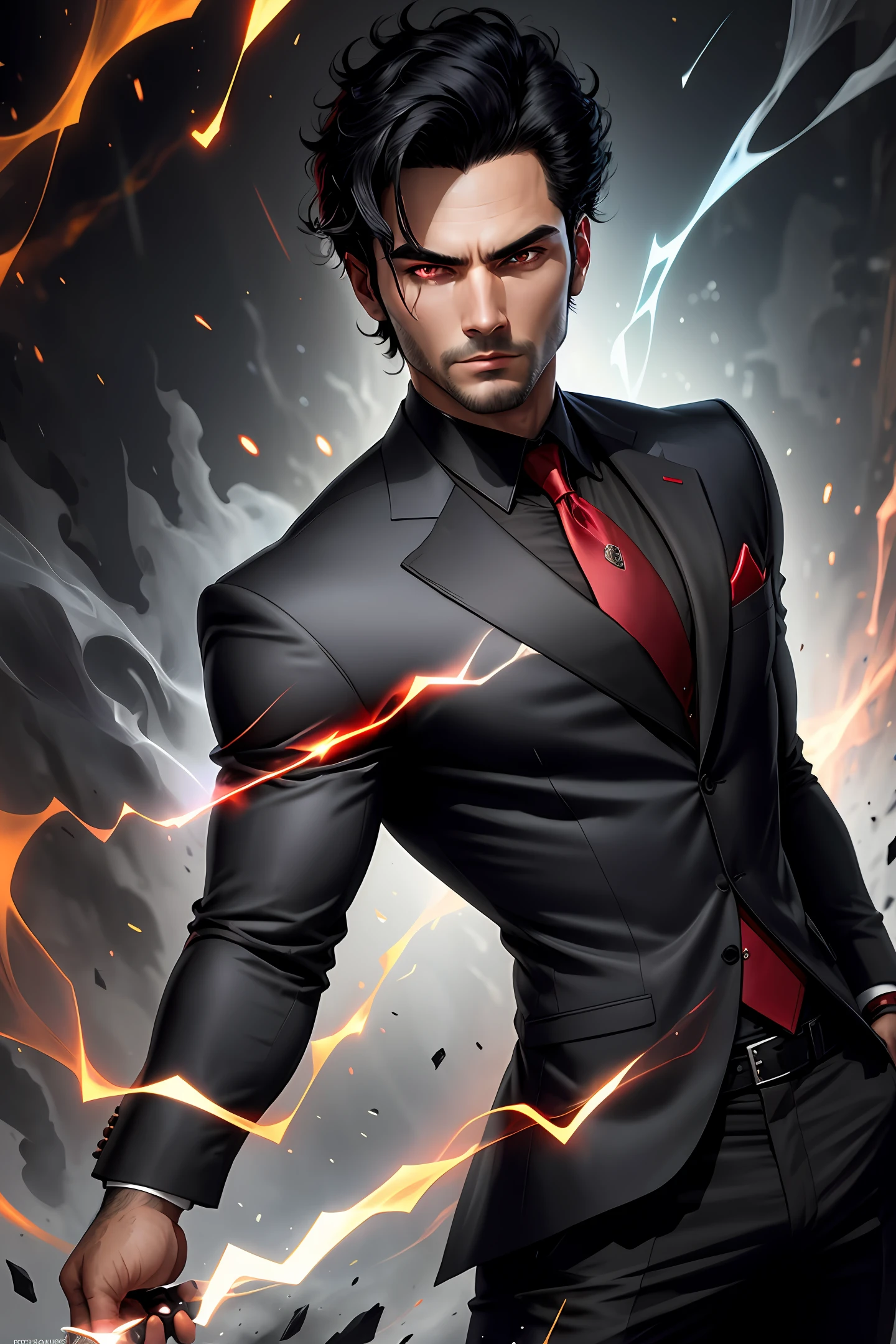 1k resolution, medium shot of a man, business suit, intricate, high detail, dramatic, black hair, red eyes, imposing, strong features, spectral weapons, magical energy, simple background
