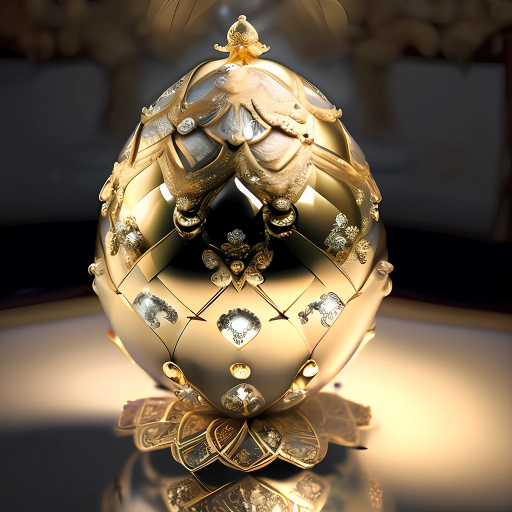 ((masterpiece)), best quality, ultra-detailed, high resolution, dynamic angle and pose, intricate details, gold and silver and jewel embellished Fabergé egg, elegant and luxurious, sparkling reflections, with intricate engravings and decorations, floating in a soft and dreamy atmosphere, 8k, hd
