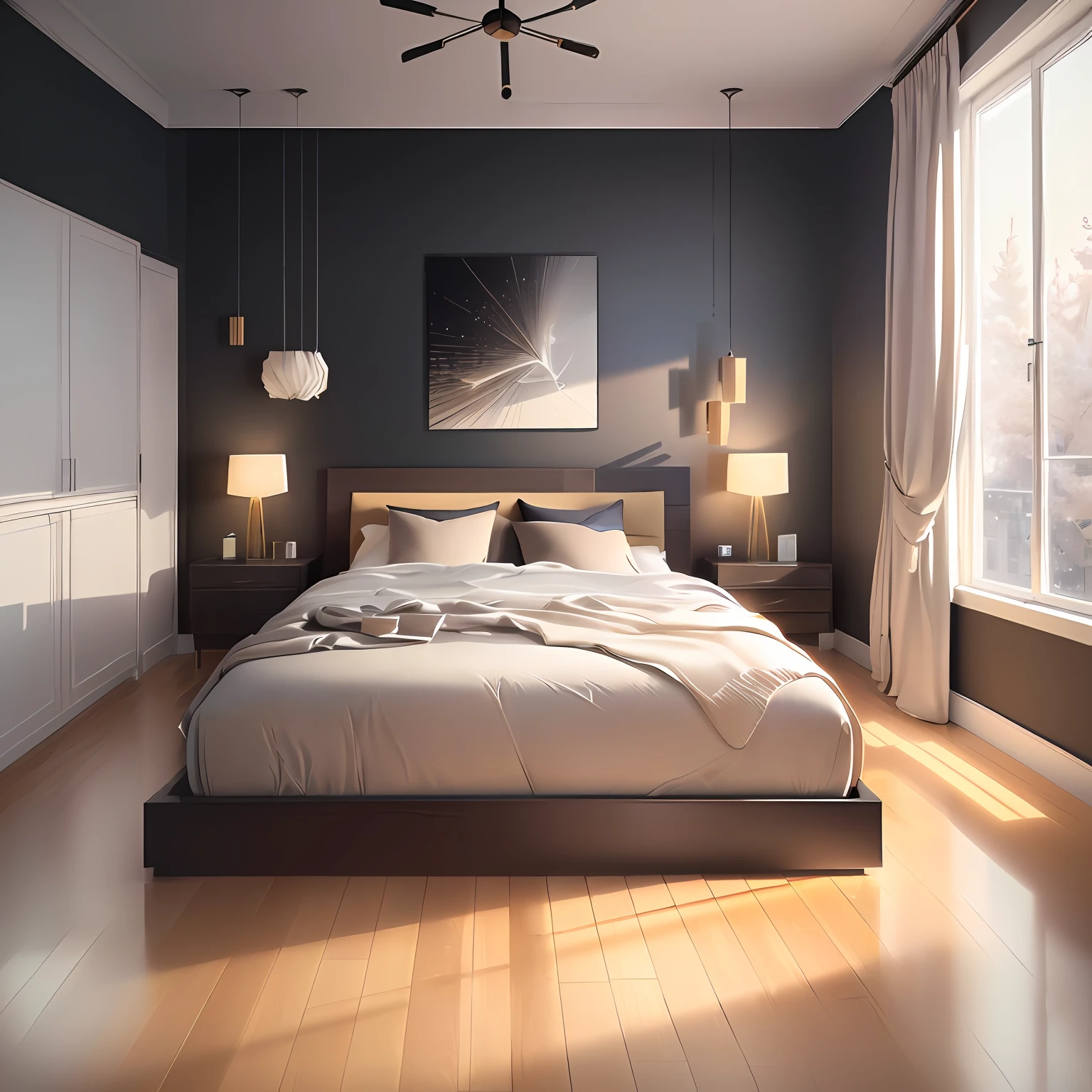 (extremely detailed CG unity 8k wallpaper, masterpiece, best quality, ultra-detailed), minimalistic decoration style, high resolution, bedroom, (decorative drawings, reference drawings), clean and elegant ambiance, wide shot.