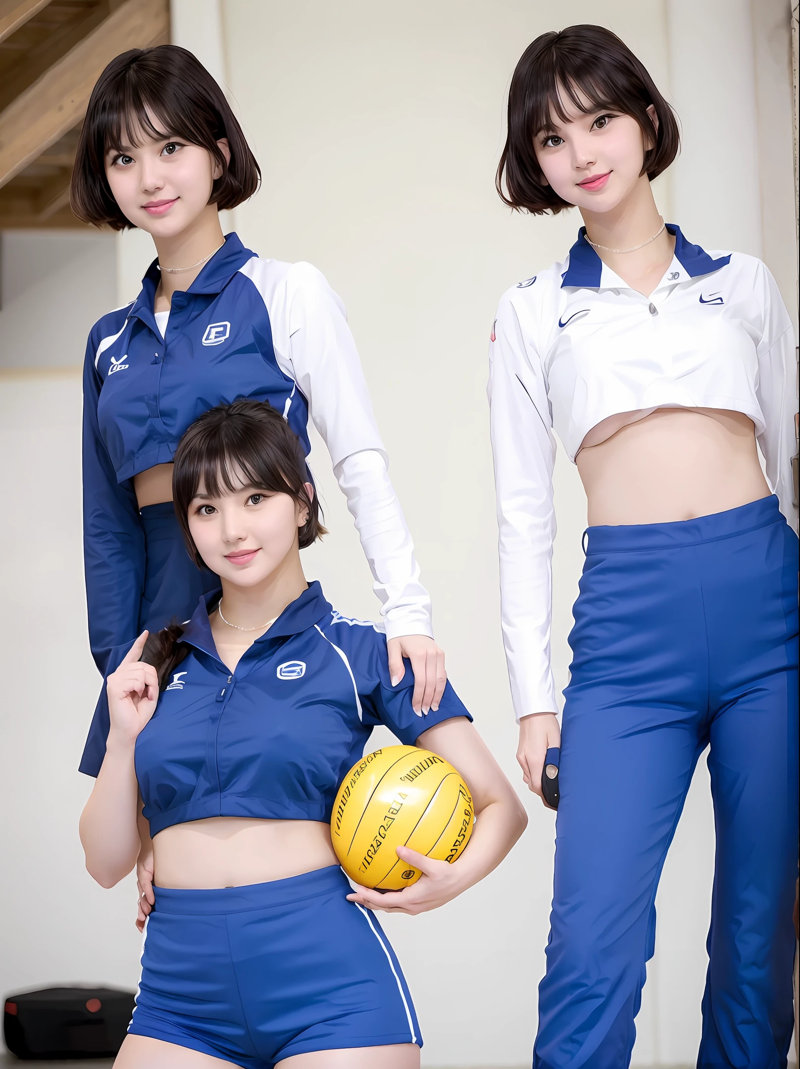 eunha, 1 girl, volleyball uniform, smiling, holding volleyball, young woman, short hair, (big boobs: 1,2), skin teeth, high waist, narrow waist, thighs, wide hips, eyeliner, eyelashes, face perfect, eye for detail, facial lighting, indoor stadium, public, public, watching spectators, (masterpiece, high quality: 1.2), carrying the ball