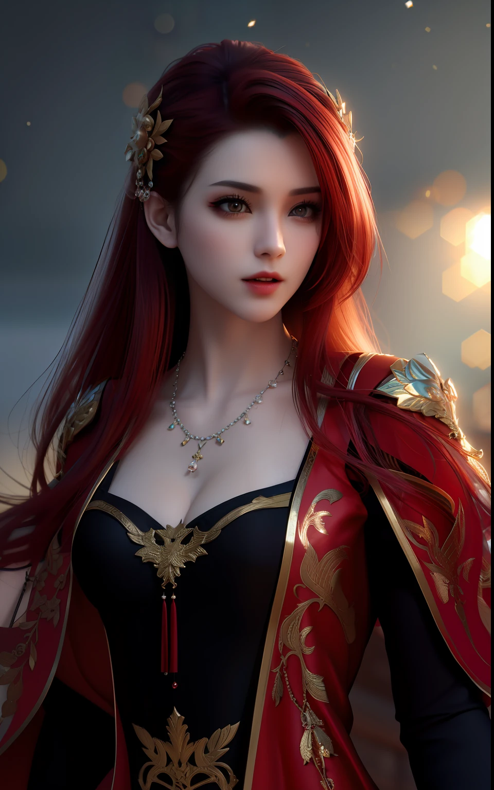Nude, vampire, best quality, masterpiece, high resolution, 1 girl, china dress, red hair, hair ornament, necklace, jewellery, beautiful face, on body, tyndall effect, photorealistic, dark studio, lighting rim damage, two tone lighting, (high detail skin: 1.2 ), 8k uhd, dslr, soft lighting, high quality, volumetric lighting, candid, photography, high res, 4k, 8k, bokeh