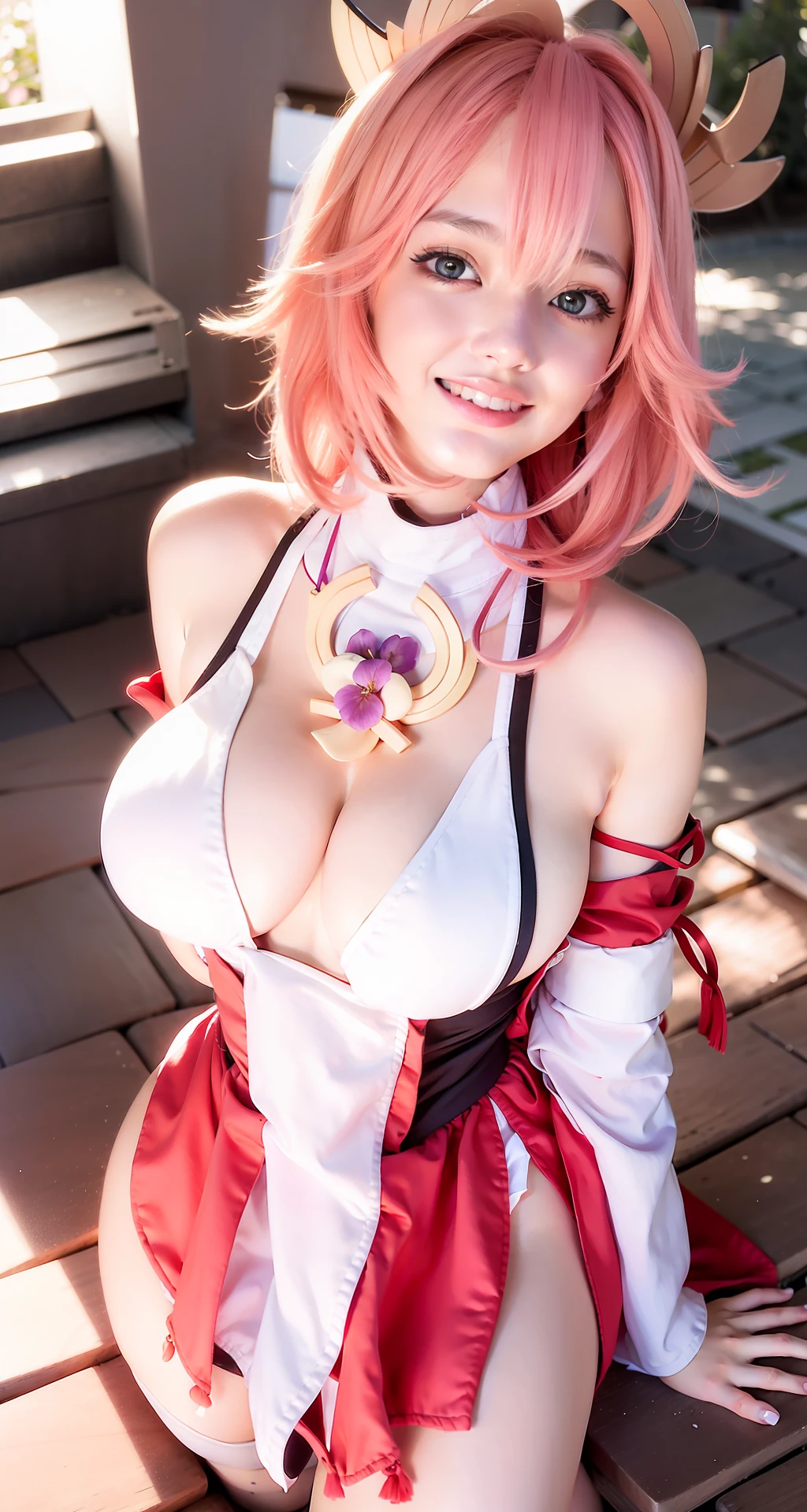 1girl, realistic, (looking at viewer:1), (ulzzang-6500:0.66), thighs, bare legs, dappled sunlight, best quality, ultra high res, (photorealistic:1.4), YaeMiko, fox ears, short hair, pink hair, yae_sakura, jewelry, cherry blossoms, (smile:1), bare_shoulders, hair_ornament, purple_eyes,
detached_sleeves,
detailed eyes,
(light smile:1),
(medium breasts:1.4),
(breasts out:1.4),
(puffy,
arms behind back,