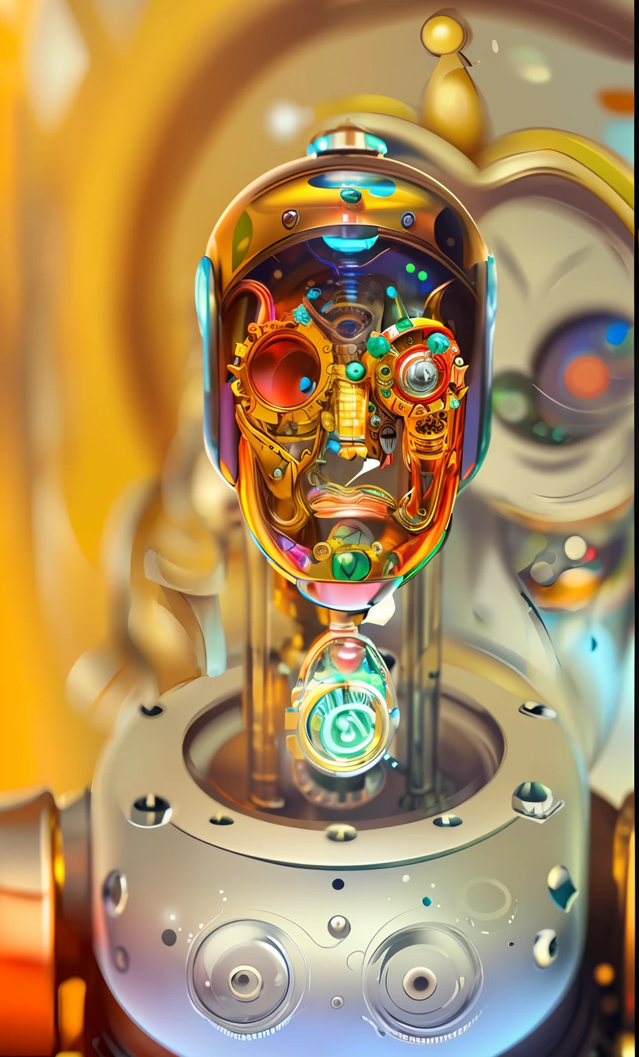 highly detailed robot head, clockwork, transparent, fluid filled colorful, expressive, abstract, trending on artstation