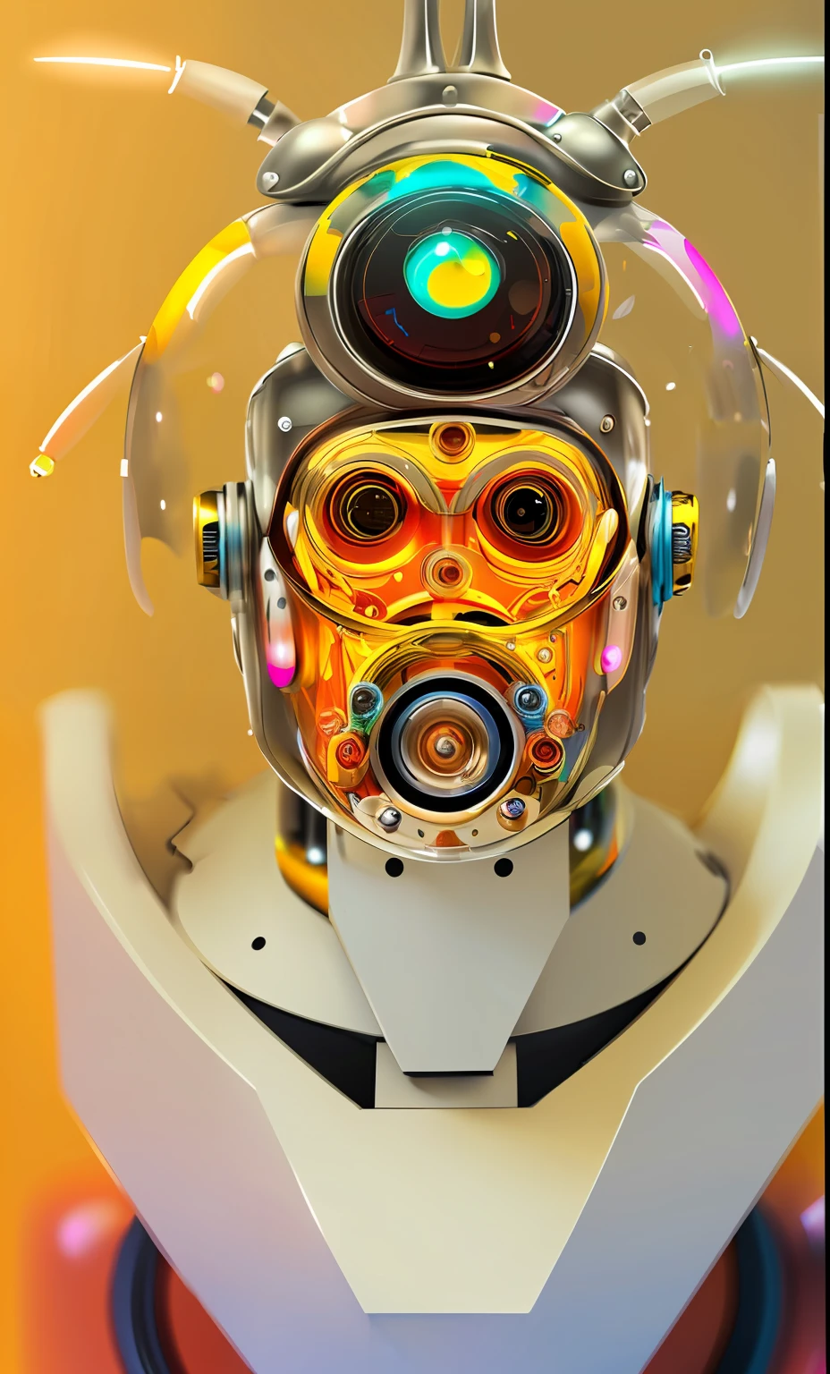 highly detailed robot head, clockwork, transparent, fluid filled colorful, expressive, abstract, trending on artstation