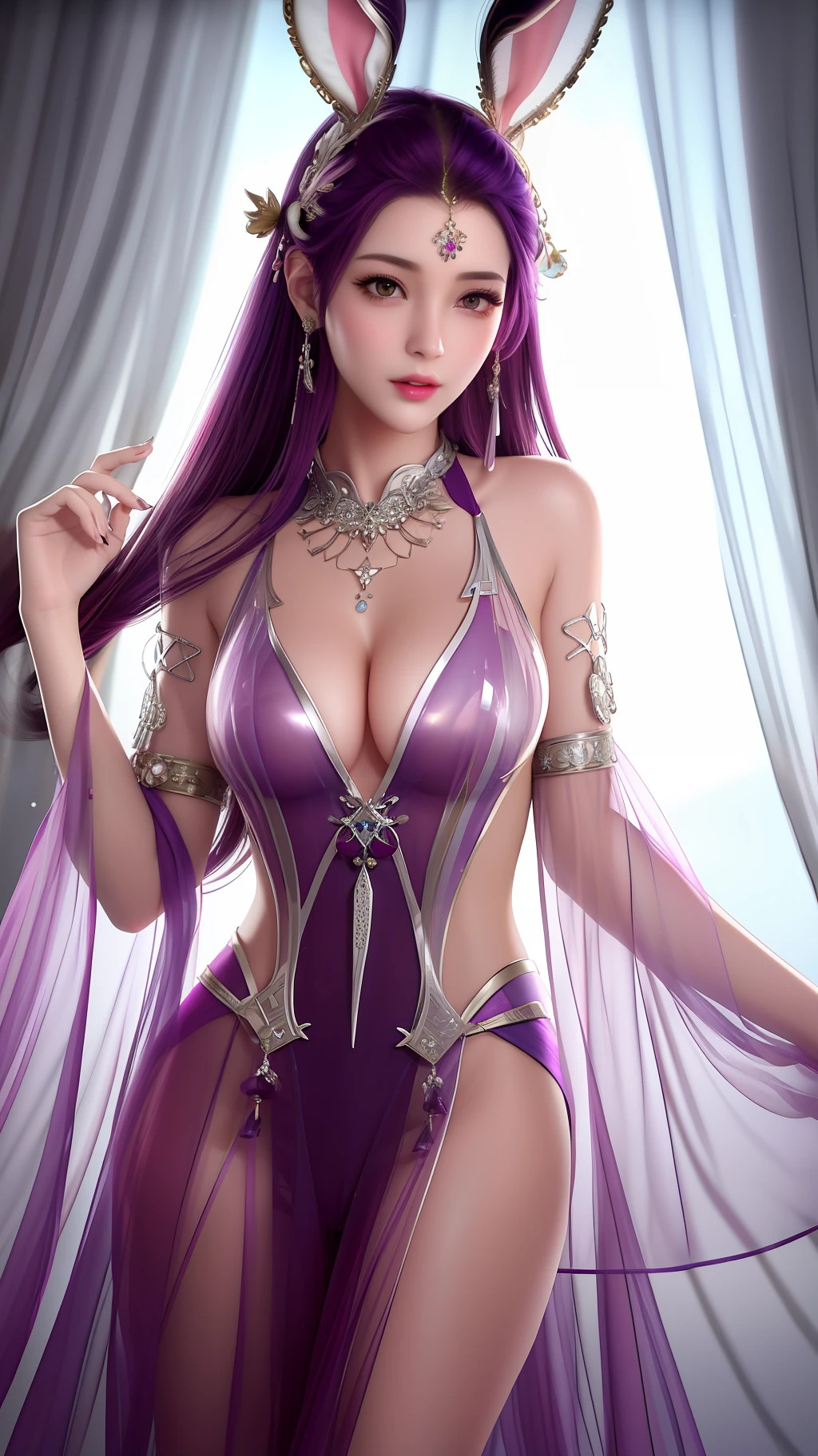 best quality, masterpiece, highres, 1girl,china dress, hair ornament, necklace, jewelry, Beautiful face, upon_body, tyndall effect, photorealistic, dark studio, rim lighting, two tone lighting, (high detailed skin:1.2), 8k uhd, dslr, soft lighting, high quality, volumetric lighting, candid, Photograph, high resolution, 4k, 8k, Bokeh, dark purple haired, (transparent clothes:1.4), silver rabbit ears hair band, (topless:1.4), pink clothes, staying in the living room of a palace