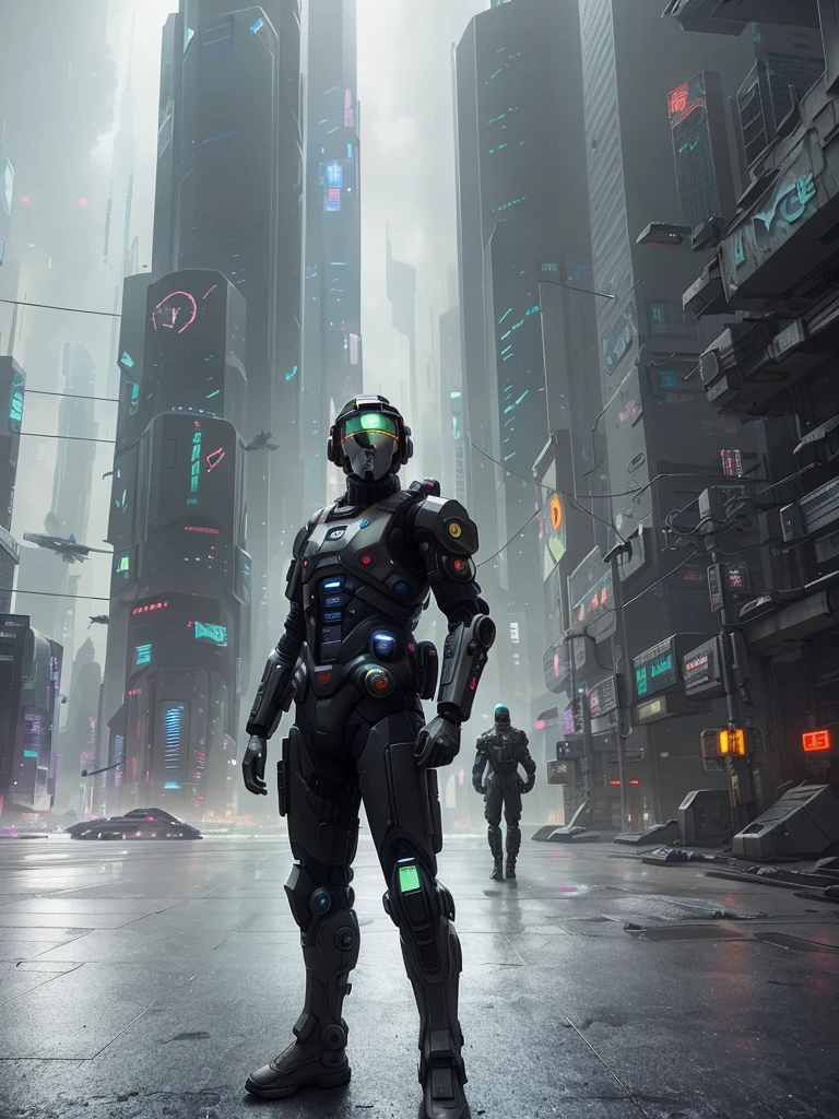 there is a man in a futuristic suit standing in a city, master chief in cyberpunk city, in a futuristic cyberpunk city, sci-fi cinematic movie still, futuristic soldier, dystopian sci-fi character, cyberpunk soldier, futuristic cyberpunk scenario, hyper-realistic cyberpunk style, sci-fi soldier, in front of a sci fi cityscape, octane render sci - fi